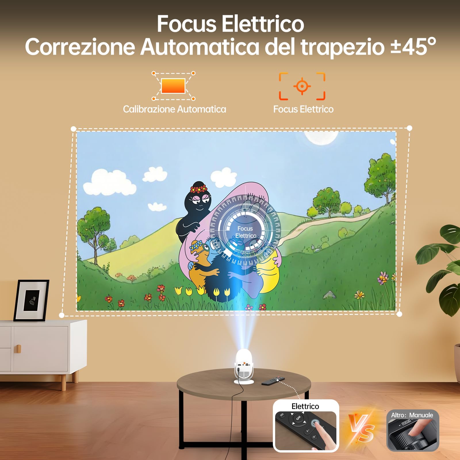 Proiettore con WiFi 6 e Bluetooth 5.4 Mini Proiettore Portatile Correzione trapezoidale automatica e Fuoco Elettrica 180° Rotation, 20.000 lumen, 1080P compatibile 4K, per Home Cinema/Outdoor/PS5