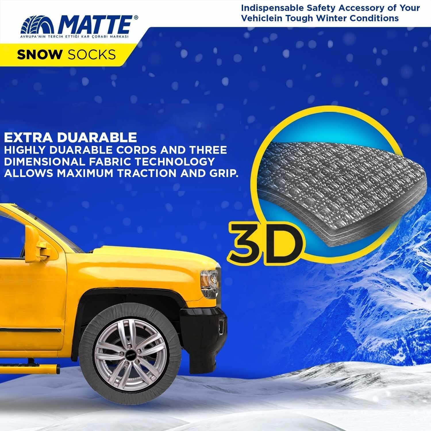 MATTE Automotive Snow Socks for Tires for Ultimate Grip Snow Chain Alternative Traction Device for Truck SUV Van Car Textile Winter Emergency Kit Auto Accessory Tire Sock - Extra Pro Series (XX-Large)