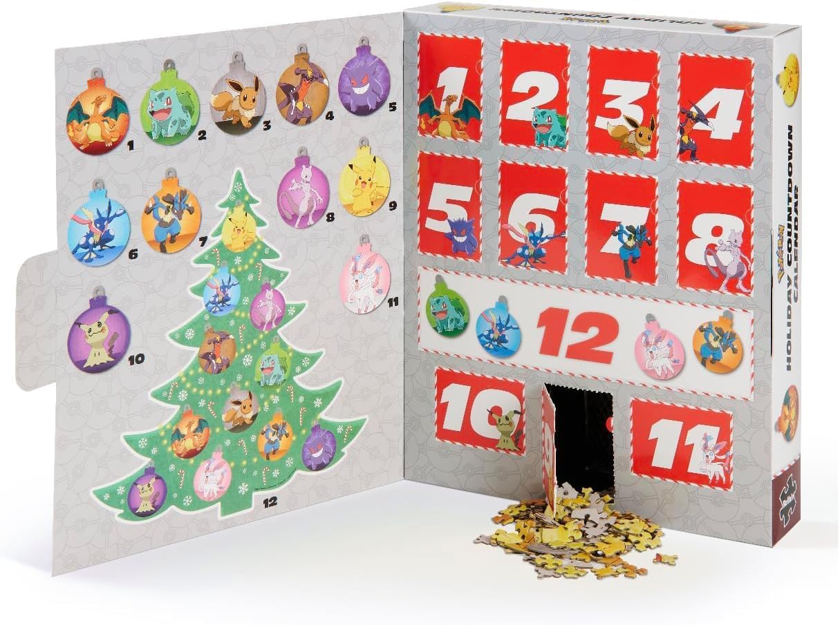 Buffalo Games - Pokémon - 12 Days of Christmas Advent Calendar Puzzles – Eleven 100 Piece Mini Ornament Jigsaw Puzzles and One 300 Piece Christmas Tree Jigsaw Puzzle