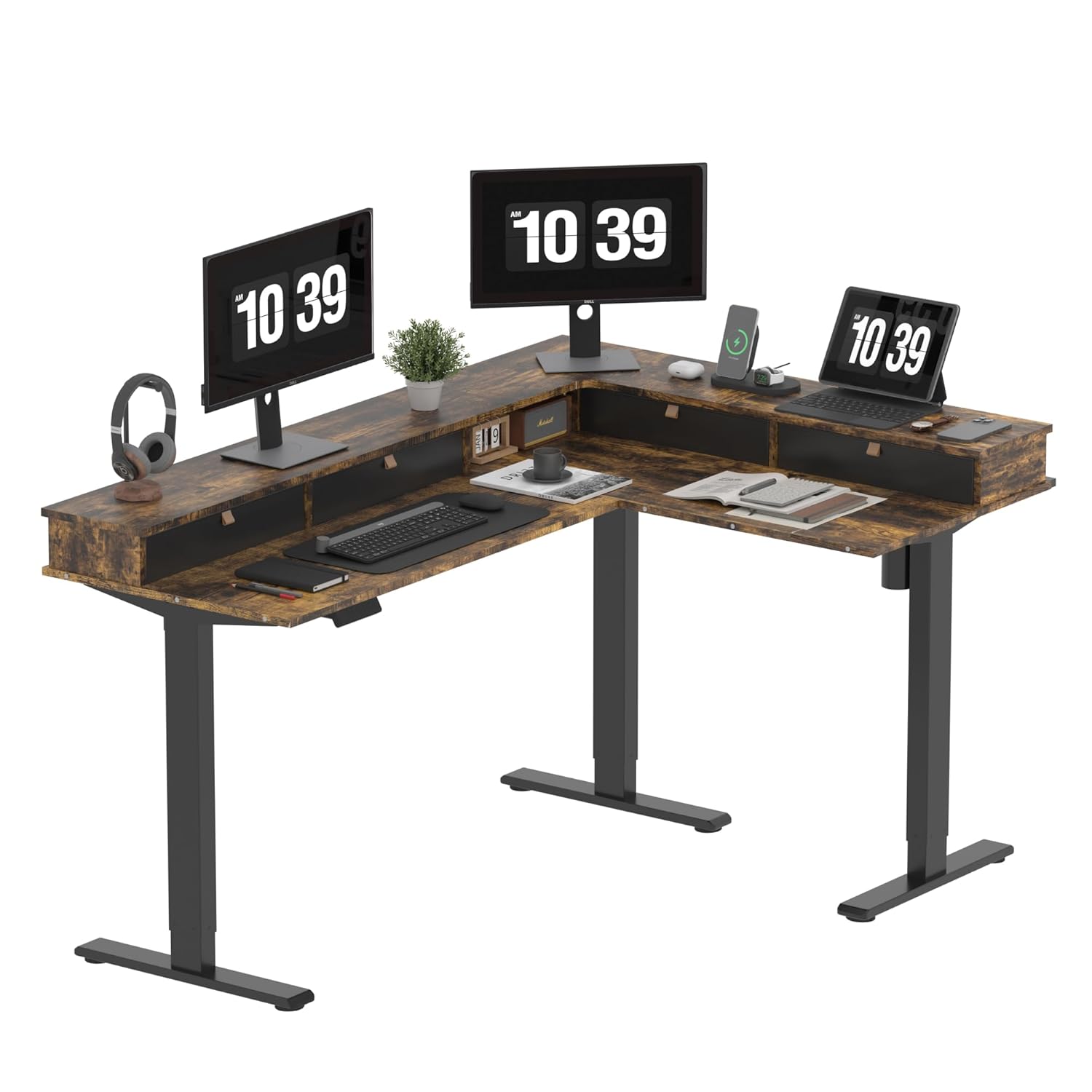 SANODESK L Shaped Standing Desk with 3 Drawers Height Adjustable Stand up Desk Corner Gaming Desk with Monitor