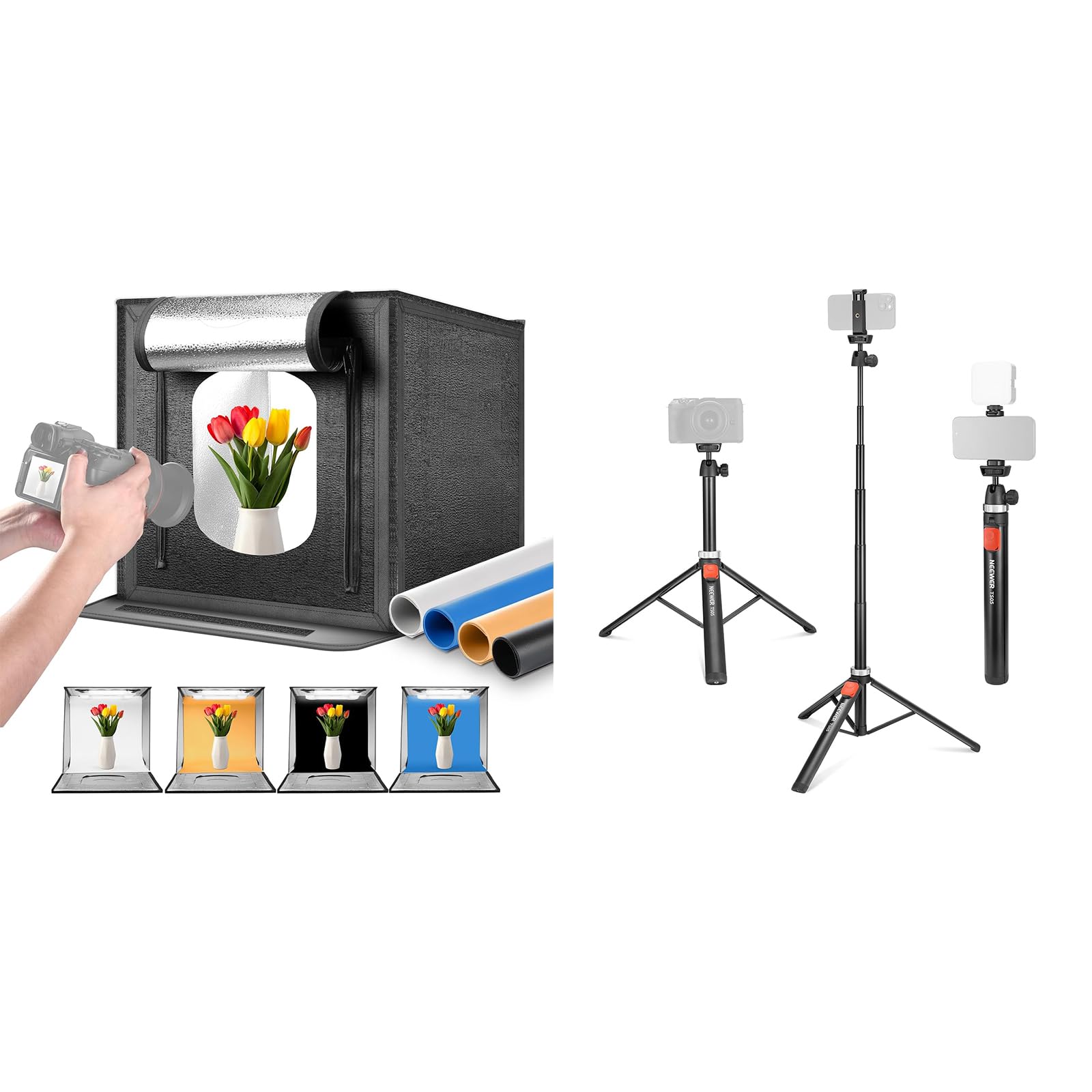NEEWER 50W 24""x24""Upgraded Photo Studio Light Box + Tripod for Cell Phone & Camera with Remote & Phone Holder, Portable Folding Photography Lightbox 5600K 160 LEDs 5200lx/0.5m Dimmable Picture Booth