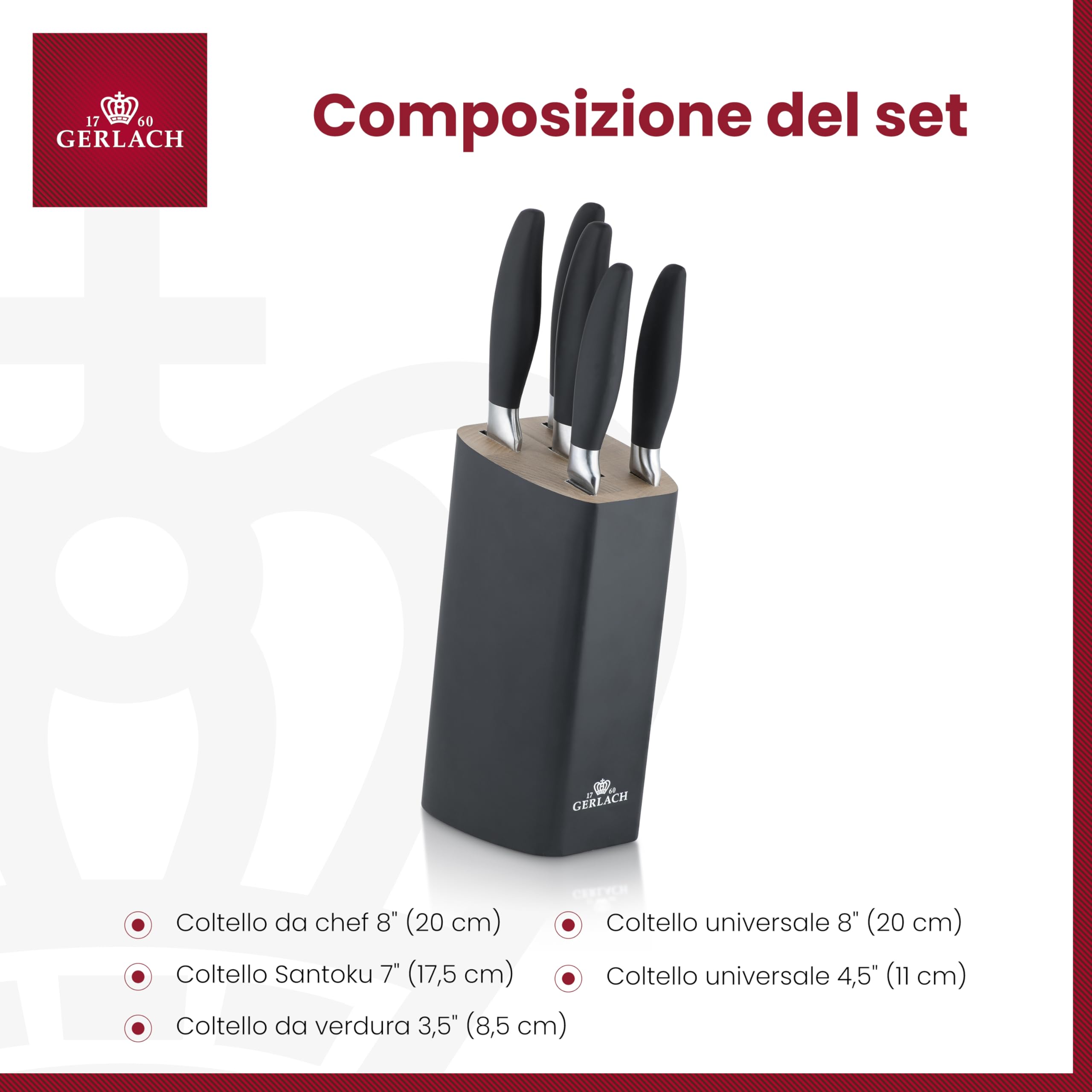 Gerlach Set Coltelli Da Cucina In Acciaio Inox Granito Smart - 5 Pezzi Con Blocco Portacoltelli, Design Minimalista