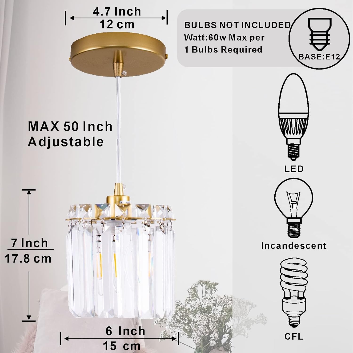 Mini Crystal Hanging Lights for Bathroom Bedroom, Kitchen Island Crystal Pendant Light Fixture, Suspension Crystal Chandelier Ceiling Lighting,E12 Candelabra Bulb Gold Paint Metal Finish