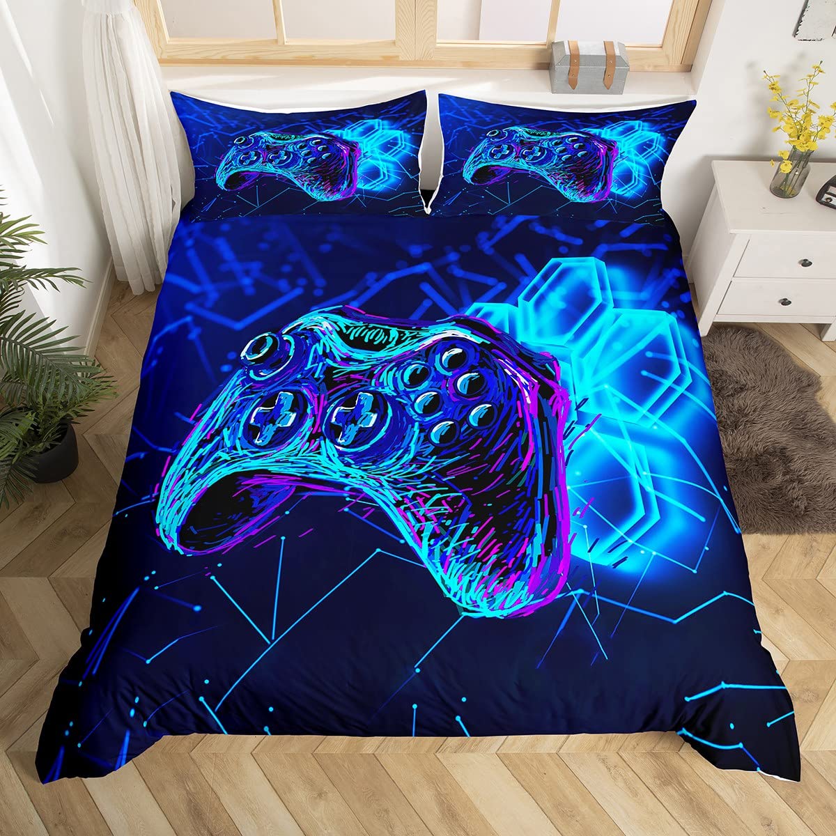 Juego de funda de edredón para niños, diseño de Gamepad con mando de juego, color azul, para decoración de niños, niñas, adolescentes, moderna funda de edredón para consolas de videojuegos, geometría