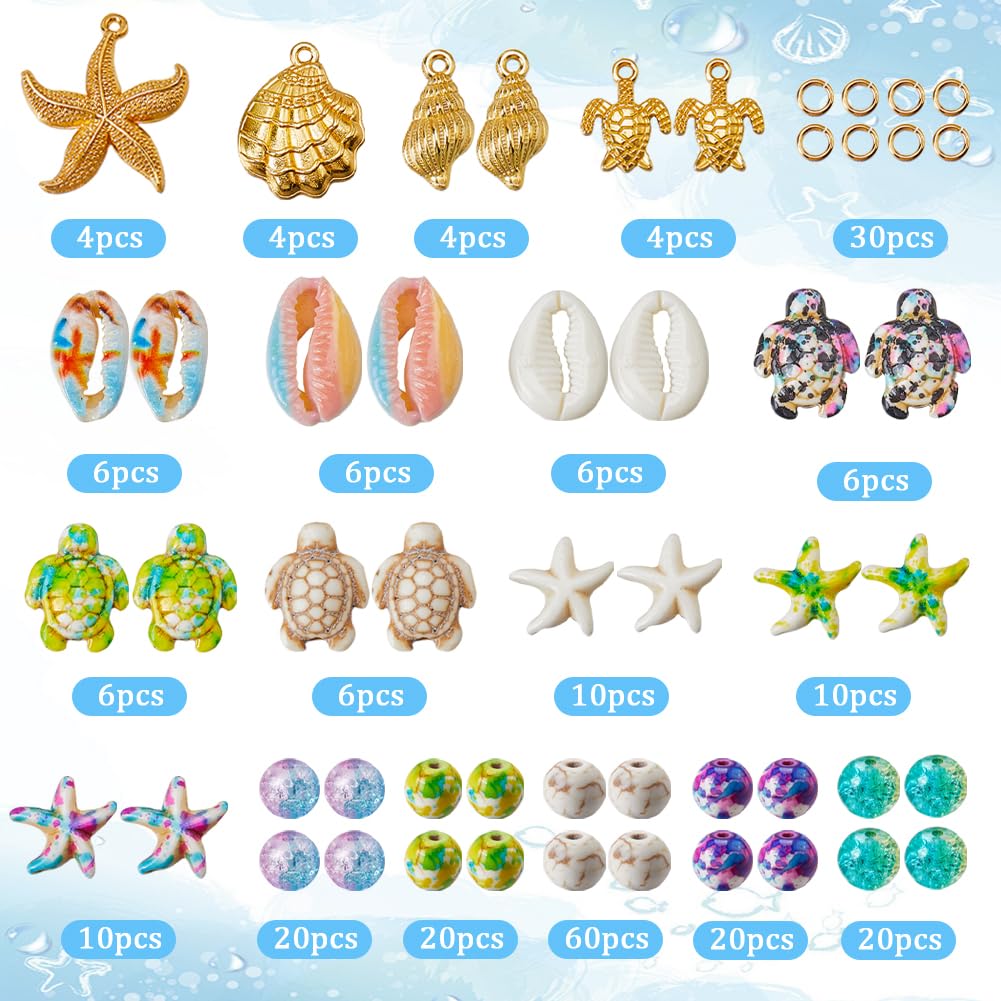 SUNNYCLUE 1 Box 252Pcs Beach Beads Kit Sea Animal Beads Starfish Shell Turtle Charm Gold Sealife Charms Seashell Bead Lucky Turquoise Bead Ocean Beads for Jewellery Making Kits Adults DIY Supplies - Image 2
