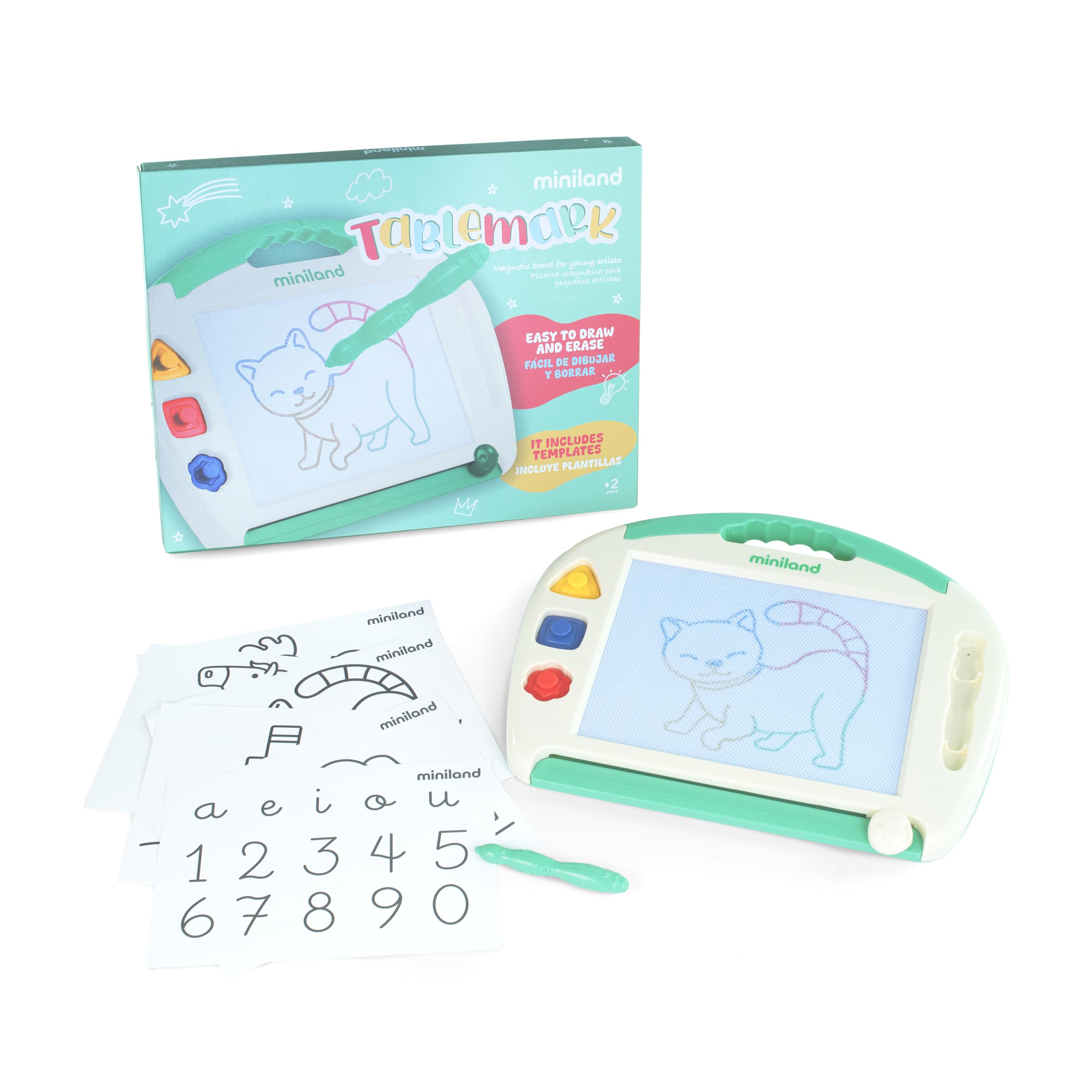 Miniland - Tablemark Children's Magnetic Drawing Board | Magic Drawing Board for Kids with Eraser, Pencil and Shapes | Portable Educational and Creative Toy