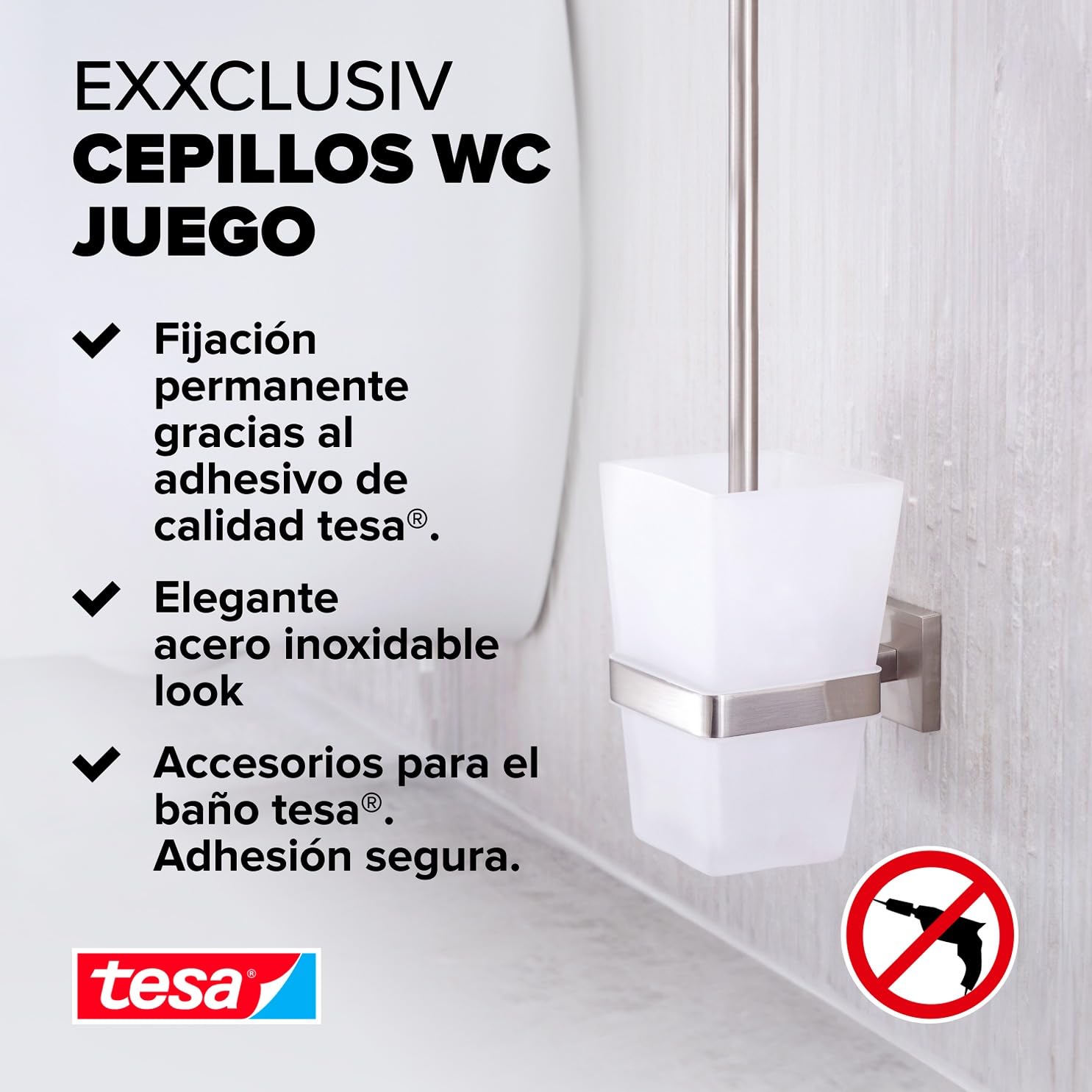tesa EXXCLUSIV - Soporte para Escobilla de Baño - Montaje sin Taladrar - Alta Fuerza de Fijación con Tecnología Power.Kit - 445 x 95 x 137 mm - Acero Inoxidable