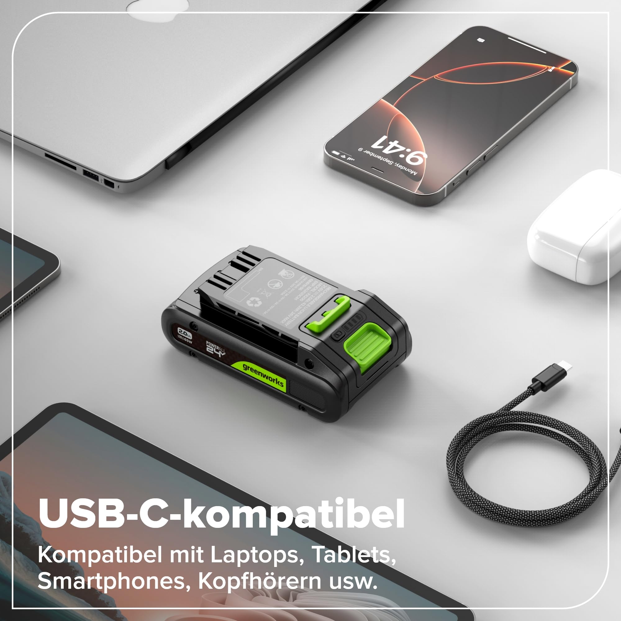 Greenworks TwinPack 24V 2Ah Akku High Power USB-C (Li-Ion 24V 2,0 Ah wiederaufladbarer leistungsstarker Akku passend für alle 200+ Greenworks 24V Geräte), 2 Jahre Garantie - K2D4NNA