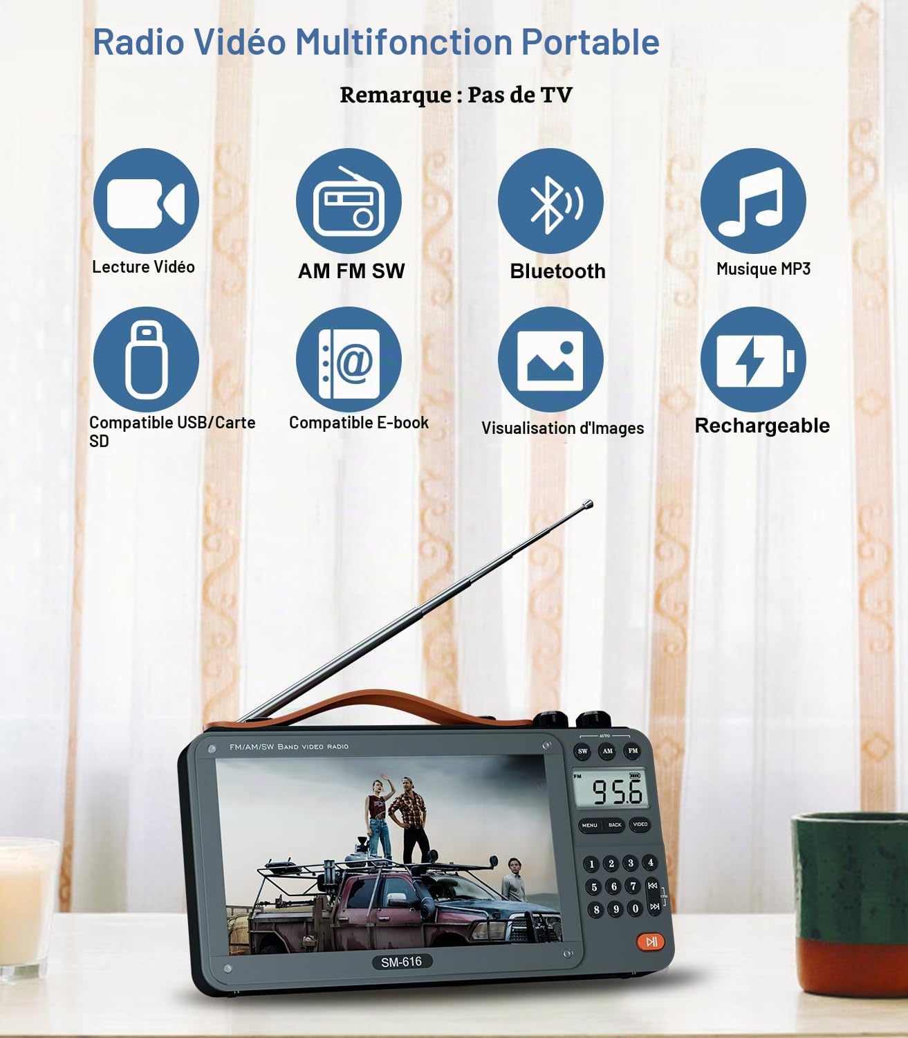 Radio vidéo FM AM 720p avec haut-parleur Bluetooth, radio numérique rechargeable à ondes courtes MP3 MP4, prise en charge USB/carte Micro SD, haut-parleur et prise casque