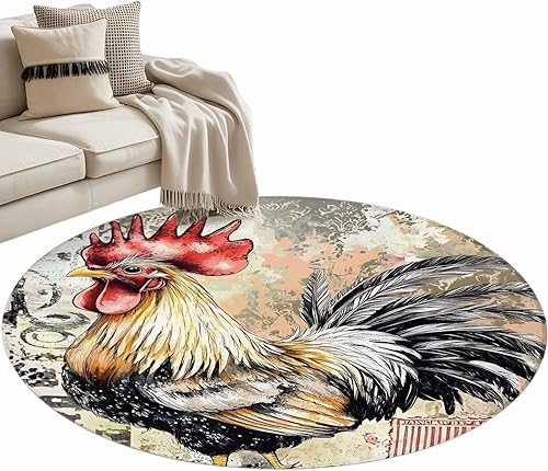 Miniatura 2 de 3ft Round Rug, Retro Rooster Non-Skid Rubber Backing Large Area Rugs - Living Room Bedroom Home Office, Pastoral Animals Watercolor Indoor Floor