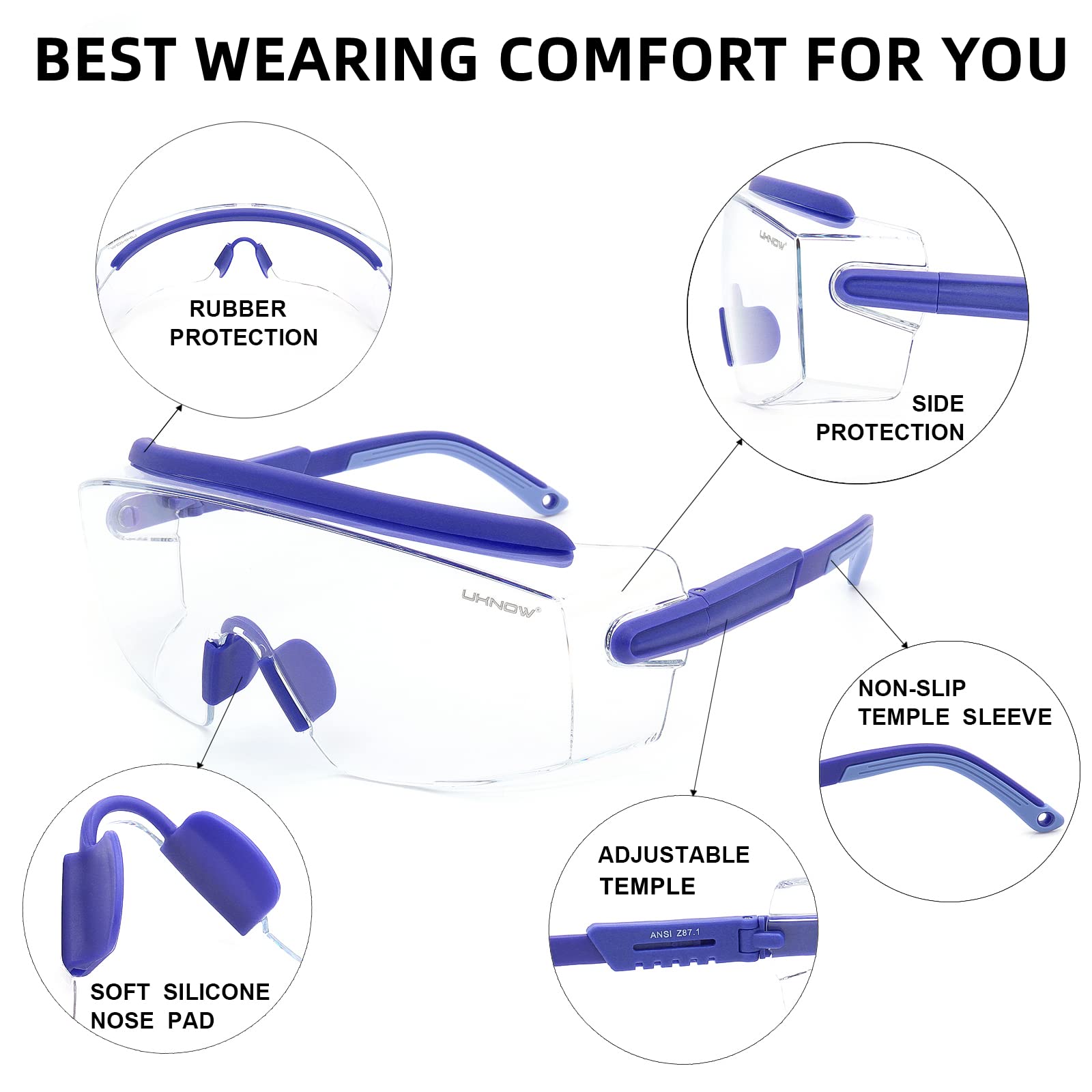 UKNOW Gafas de seguridad sobre gafas, gafas de seguridad antivaho, protección ocular envolvente, gafas protectoras ANSI Z87.1