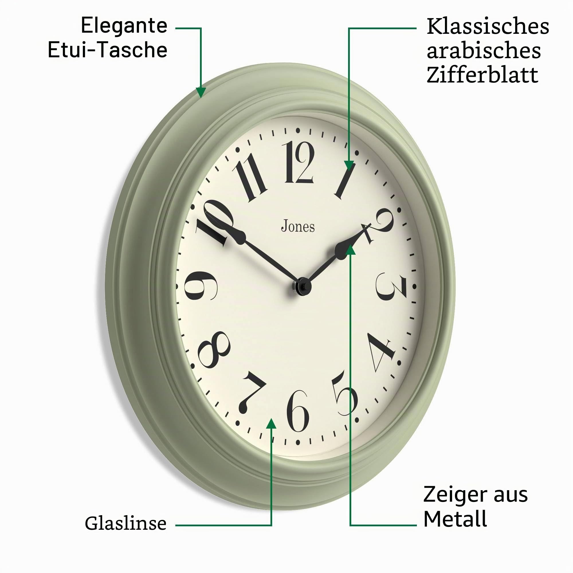 JONES CLOCKS® Fenchurch Wanduhr | Große Klassische runduhr | 40cm | Grün | Elegantes dekoratives Design, ideal für küche, Wohnzimmer oder Schlafzimmer