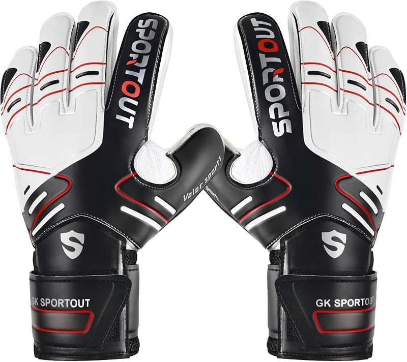 Sportout Guantes de portero para jóvenes y adultos, agarre fuerte para las paradas más duras, con protección para los dedos y látex de 4+3 mm para brindar una protección espléndida para prevenir lesiones, 4 colores