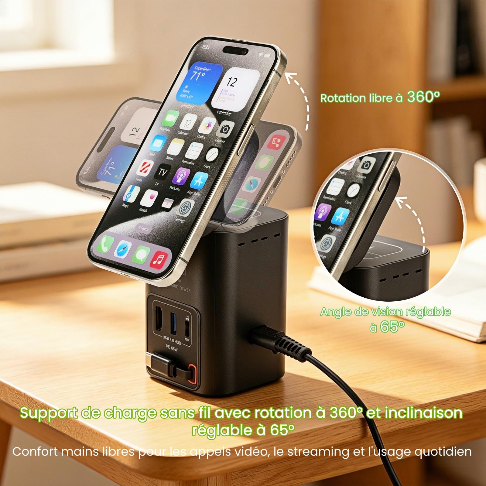Tour de Charge 6 en 1, Station de Charge GaN 100W avec Chargeur sans Fil Qi2.2 25W, Câble USB-C Rétractable 65W, Port USB-C 65W, HDTV 2.1 8K et Hub USB 3.0
