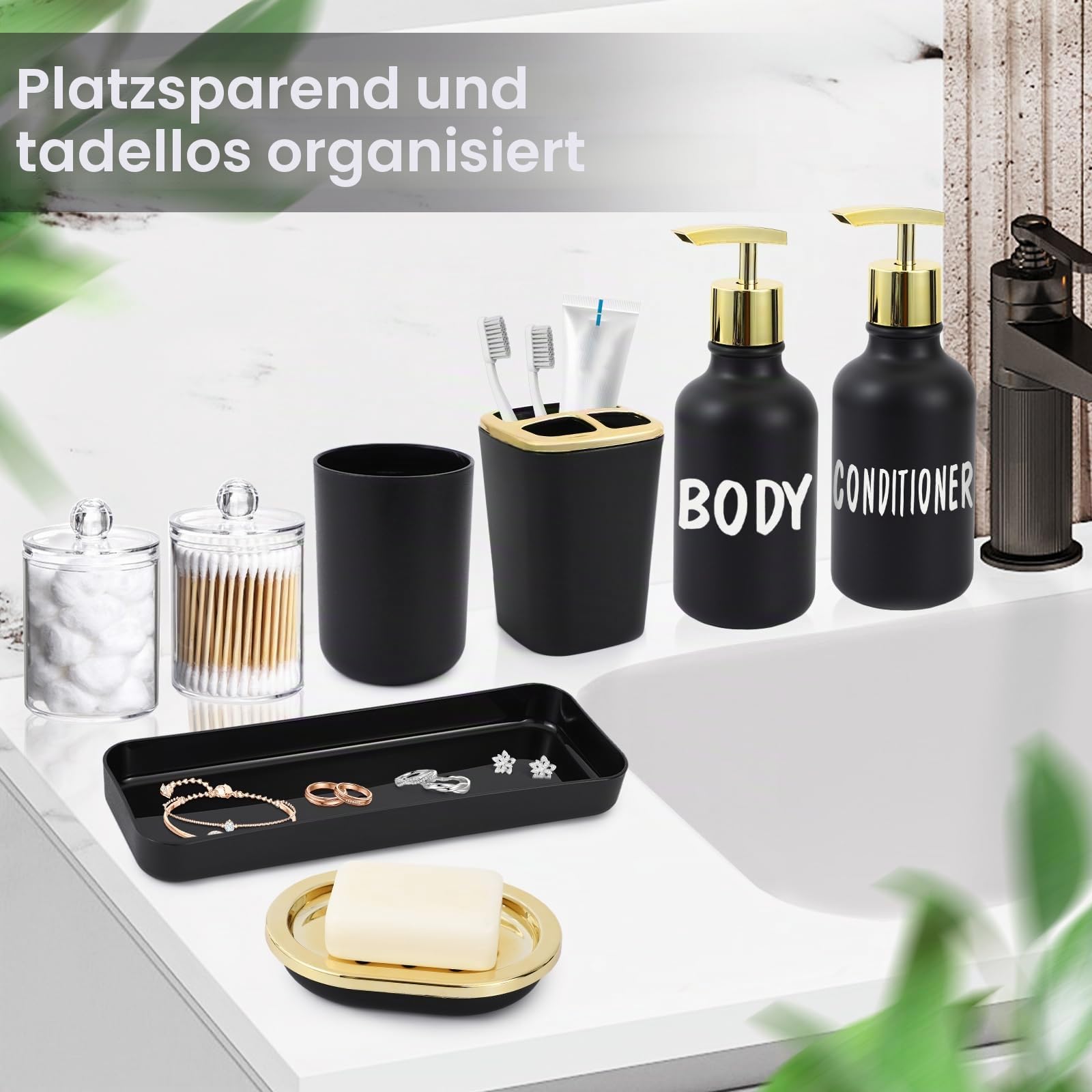 XLHOMO Schwarz und Gold Badezimmer Zubehör Set - 10 Stück Badezimmer Sets mit Mülleimer, Seifenspender, Seifenschale, Zahnbürstenhalter und Becher, Toilettenbürste, Qtip Halter, Badezimmer Zubehör Set