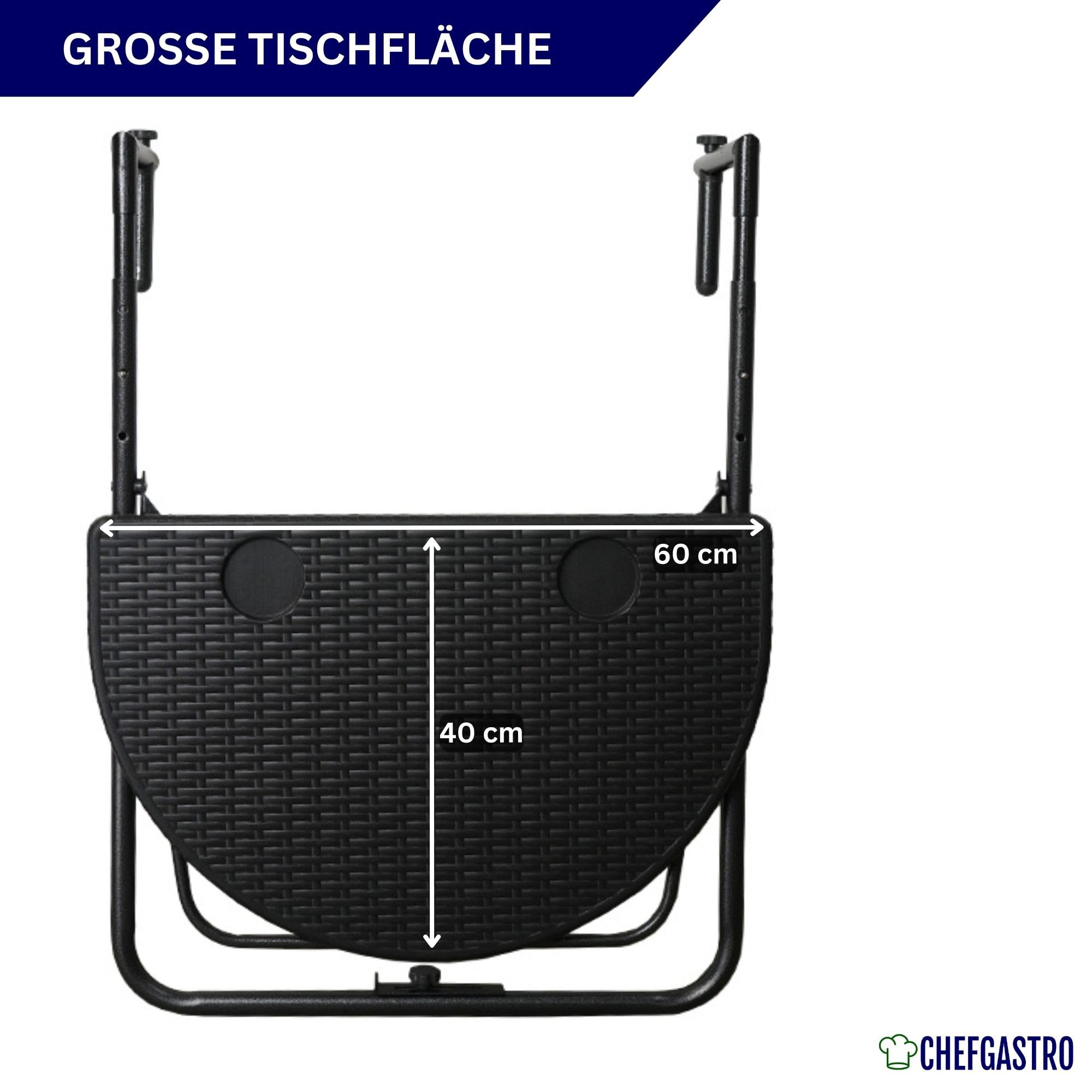 CHEFGASTRO Balkonhängetisch klappbar wetterfest 3-Fach höhenverstellbar 60x40cm Metall Rattan Optik Schwarz Balkontisch zum Hängen Hängetisch mit 2 Tassenhalterungen Balkon Klapptisch