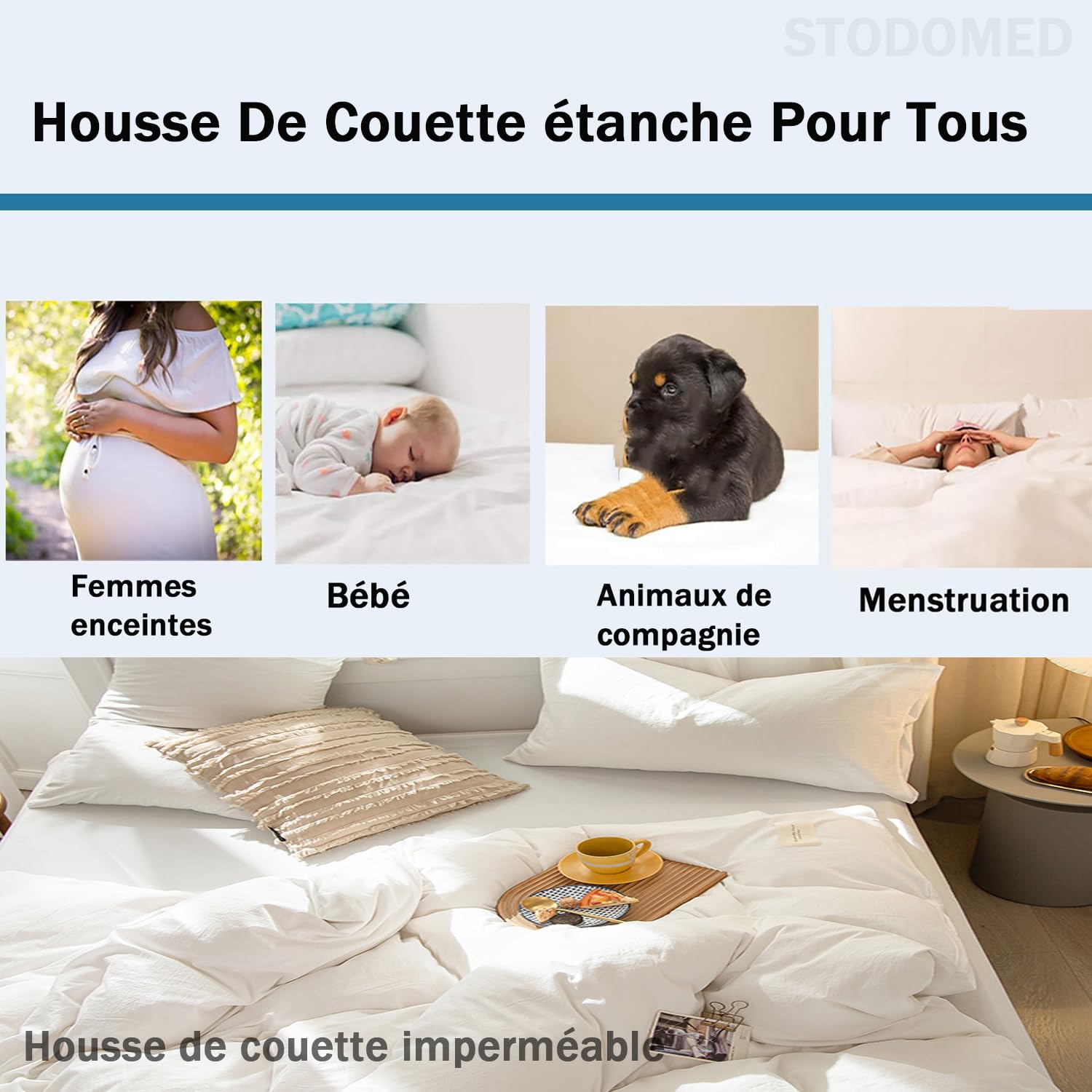 Housse De Couette Imperméable STODOMED - Coton 100% + TPU - Taille 200x200cm - Bleu - Lavable Machine - Pour Lits D'Enfants, Personnes Âgées Et Animaux