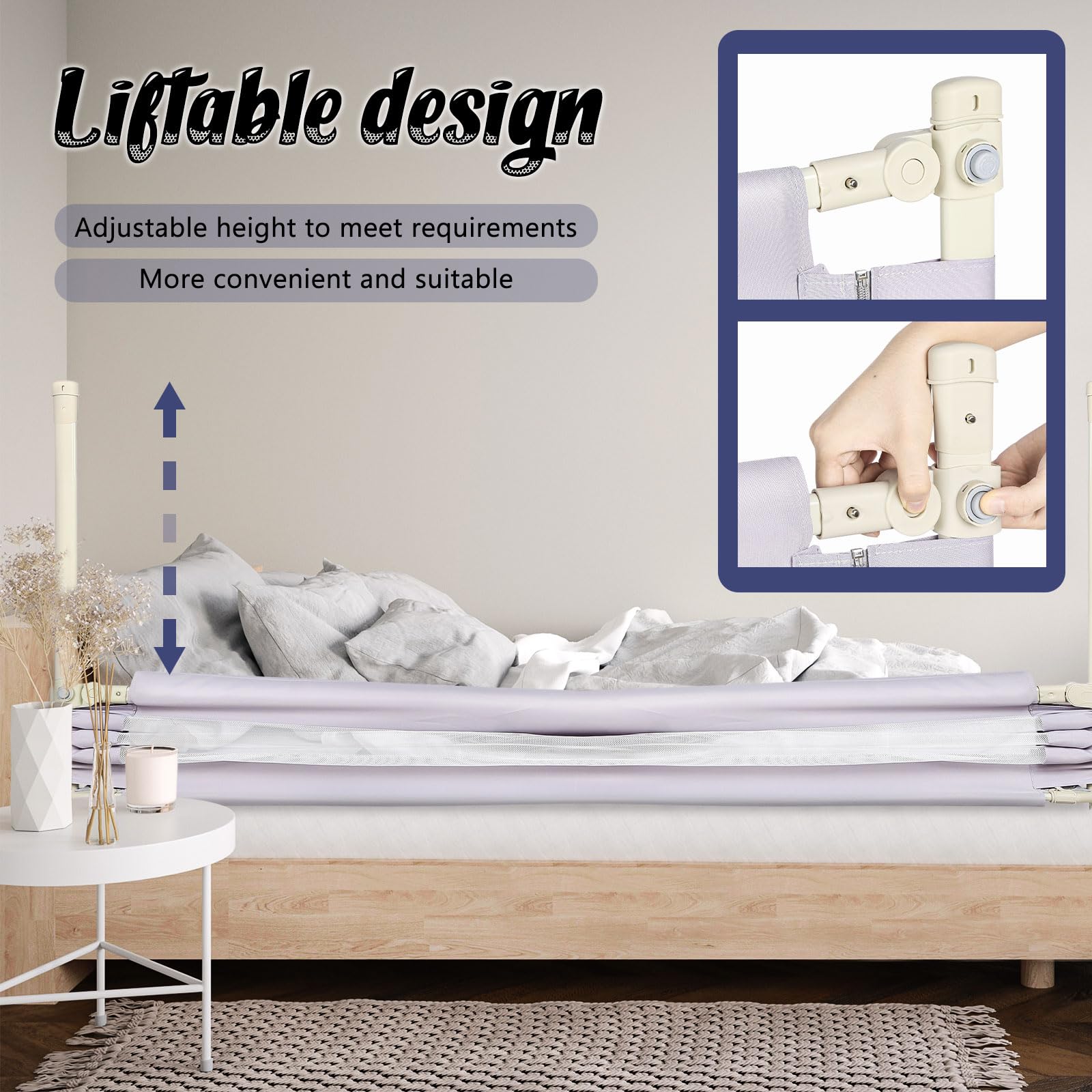 Barrière De Lit Bébé Réglable En Hauteur (70-99 Cm) - 1,5 M De Long, Gris Clair - Anti-chute