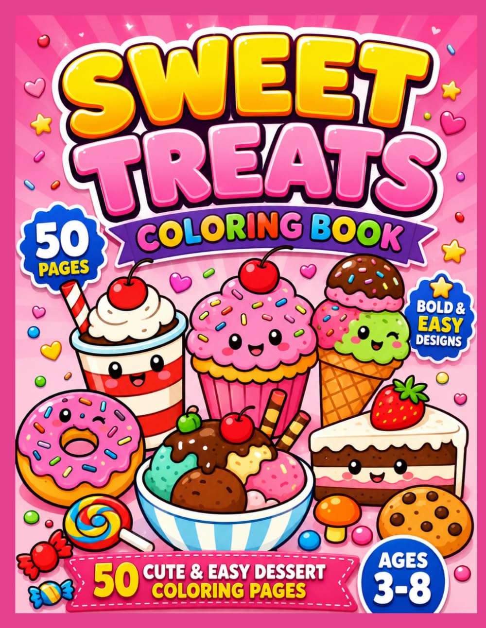 Sweet Treats Coloring Book for Kids 50 Cute & Easy Dessert Coloring Pages for Ages 3-8: Fun Cupcakes, Donuts, Ice Cream, Cookies, Cakes, Candy & Sweet ... Bold & Easy Coloring Book for Boys and Girls