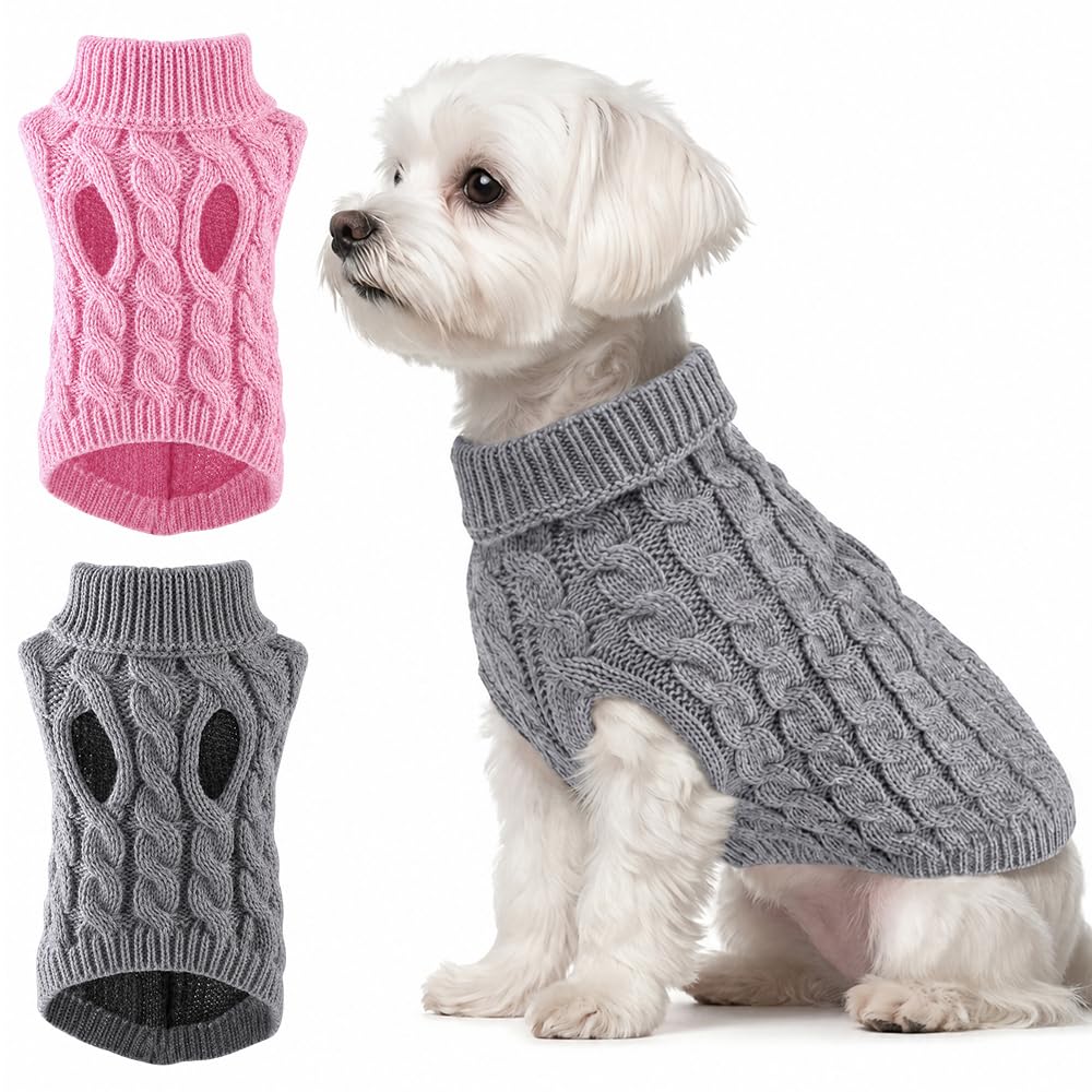 2 Pack Dog Jumpers Small Dog Knitted Turtleneck Sweater Pink Grey