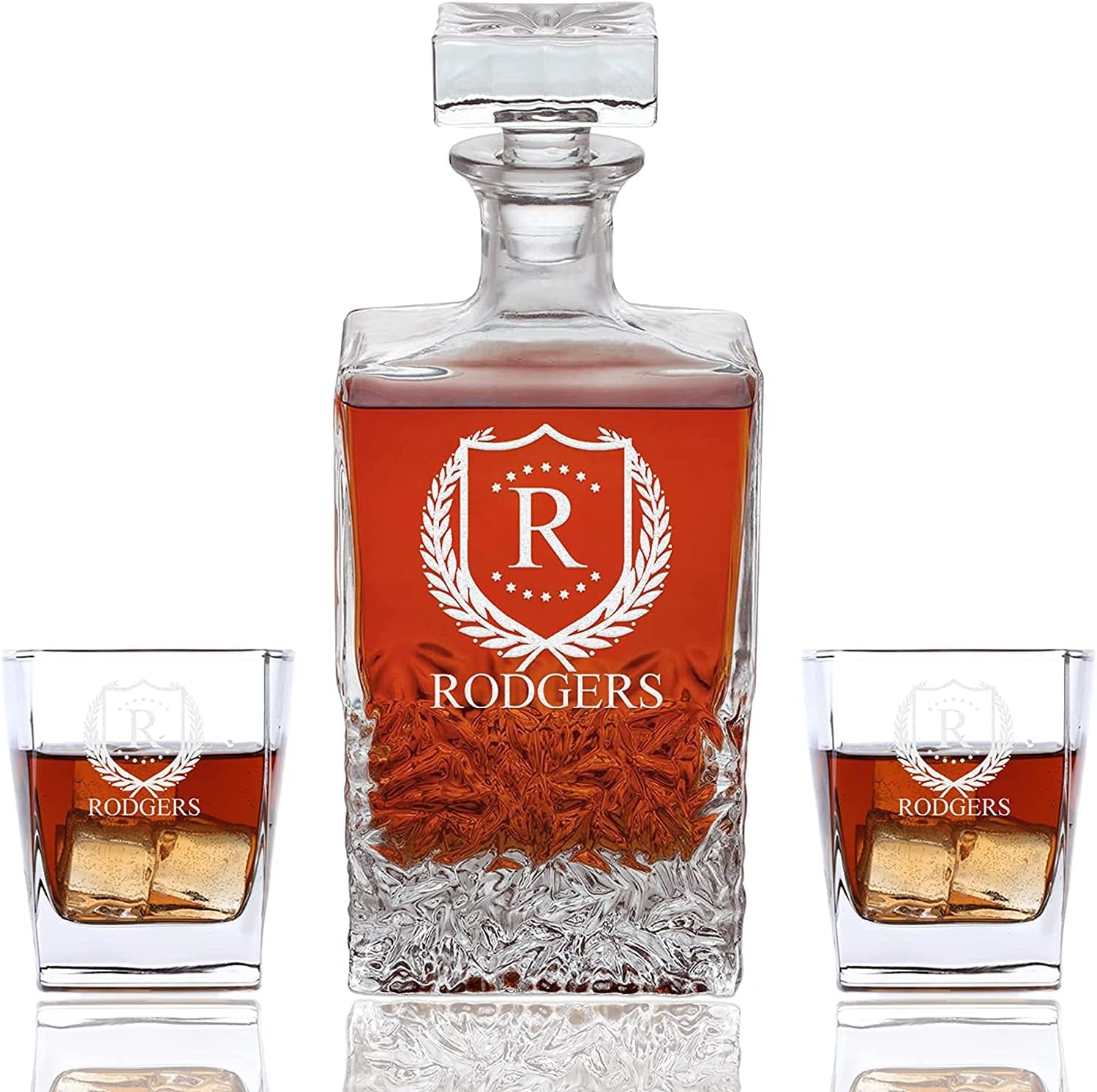 Personalized Squared 3 piece Whiskey Decanter Set - Decanter and 2 Glasses Gift Set - Custom Engraved (Limited Edition)