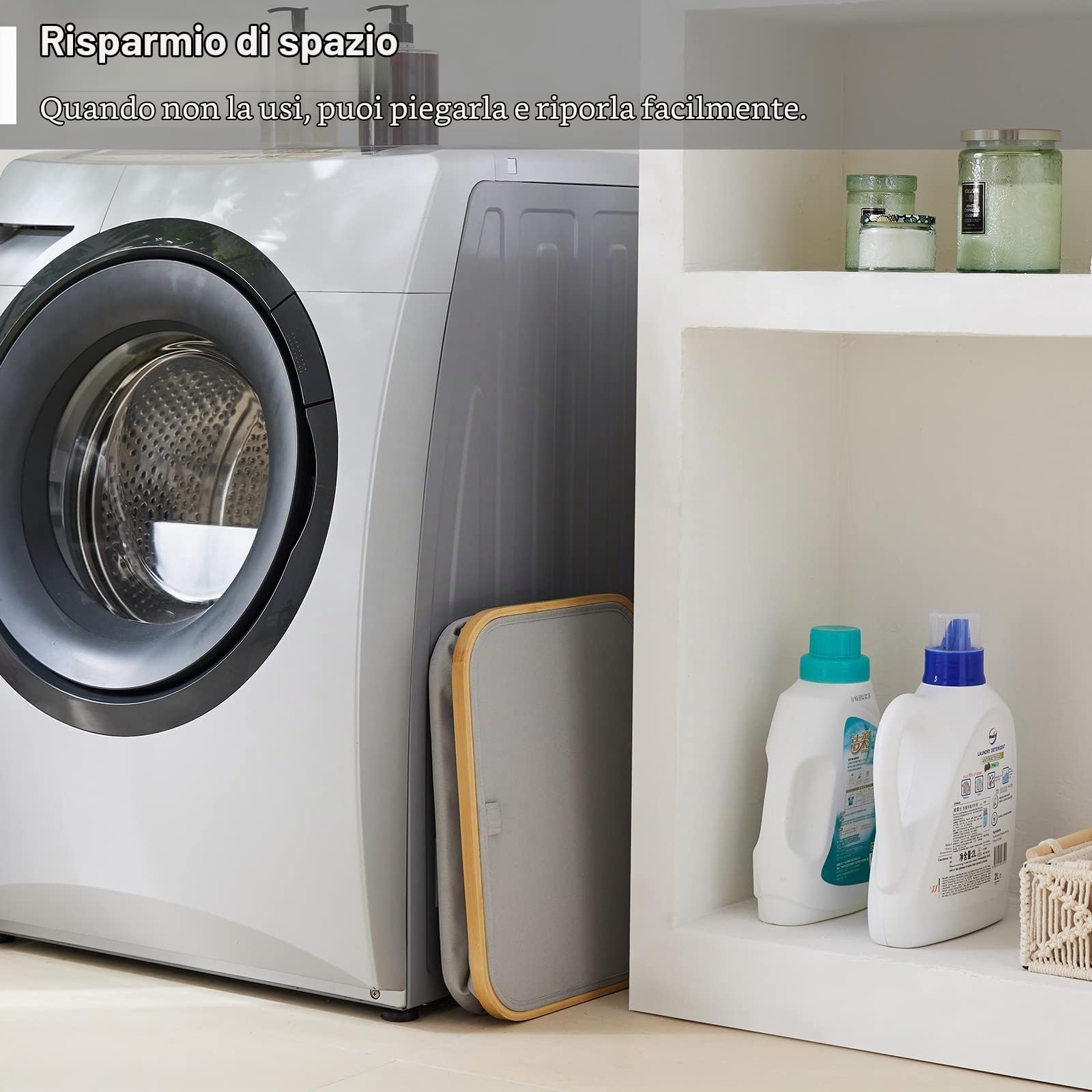 YOUDENOVA - Cesto portabiancheria con coperchio, 85 l, stretto, con sacco grande per la biancheria, pieghevole, in legno di bambù, grigio