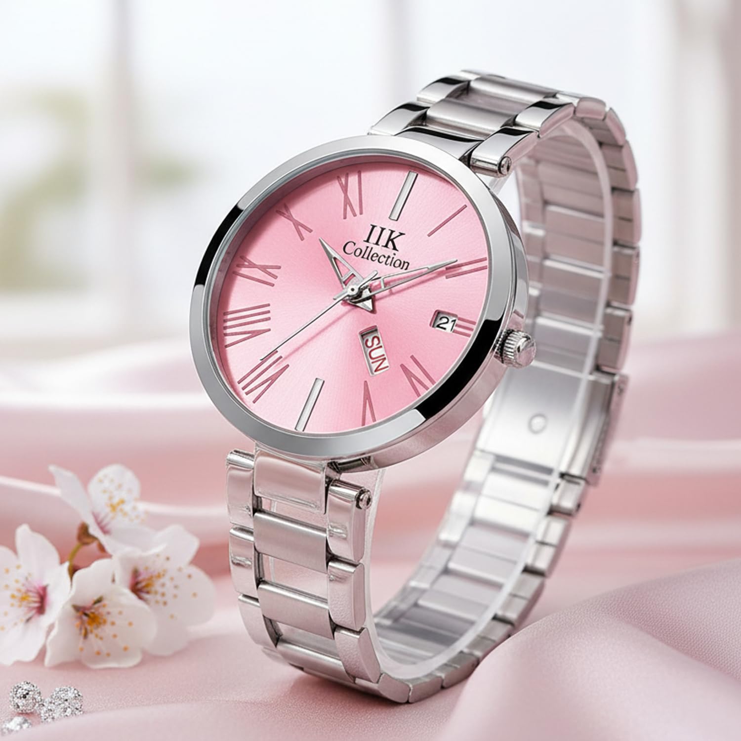 Watch for Women Round Studded Dial |Day and Date Quartz Movemnet |Long Battery Life|Stainless Steel Bracelet Chain Strap|Double Lock Clasp Safety Watches for Girls-image-39