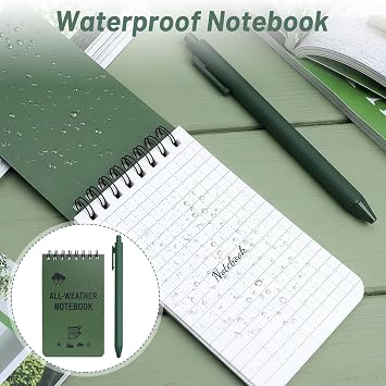 4 Pack Mini Waterproof Notebook, 3x5in Pocket Notepads with 4Kraft Paper Pens All-Weather Memo Pads Military Mini Notebook 50 Page with Top-Spiral for Office, Outdoors, School (Green)