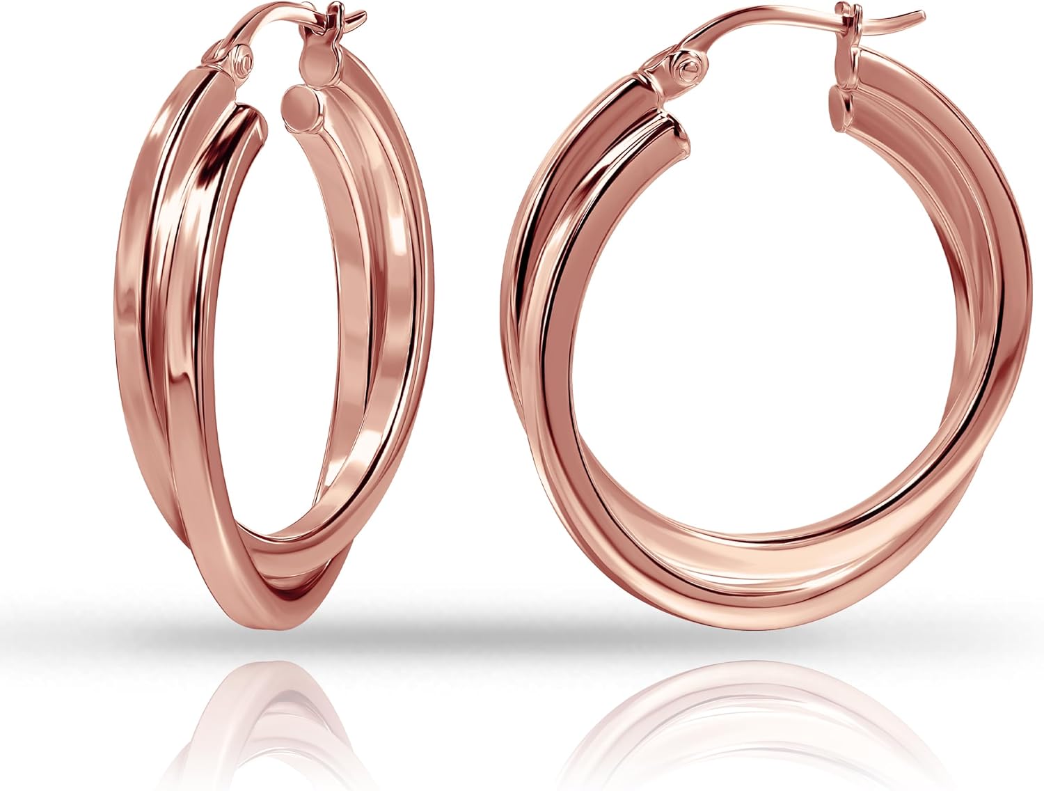 Hoops & Loops 925 Sterling Silver Square-Tube Double Twisted Click-Top Hoop Earrings for Women, Silver, Yellow & Rose Gold Flashed Sterling Silver 15mm, 20mm, 25mm