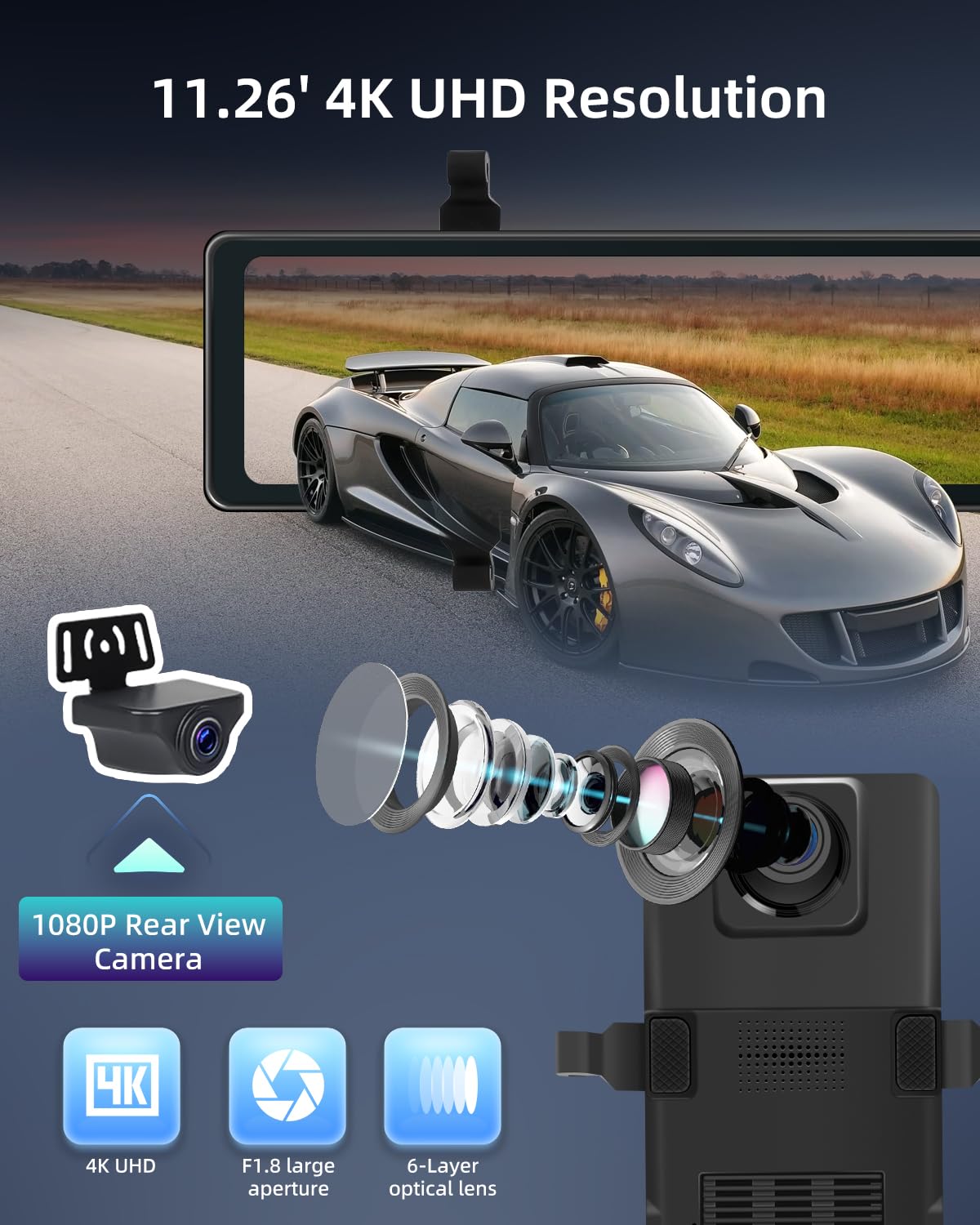 NHOPEEW 4K Mirror Dash Cam con doppia telecamera - Touchscreen da 11,26 pollici - ADAS BSD G-Sensor Registrazione in loop Visione notturna Tracciamento GPS Monitoraggio parcheggio 24 ore su 24