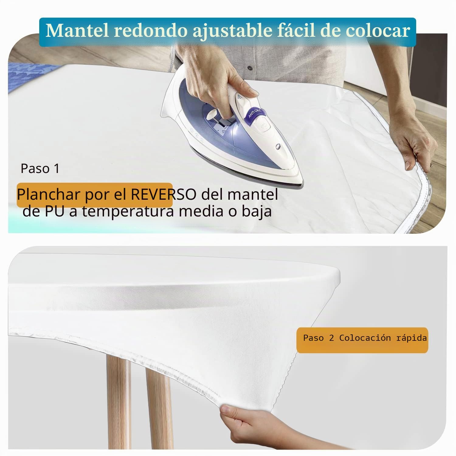 Mantel Ajustable Redondo de Poliuretano con diseño Doble, elástico antidesgarros, Ajustable Suave al Tacto, Impermeable a Prueba de Aceite (Blanco, 145-152cm)