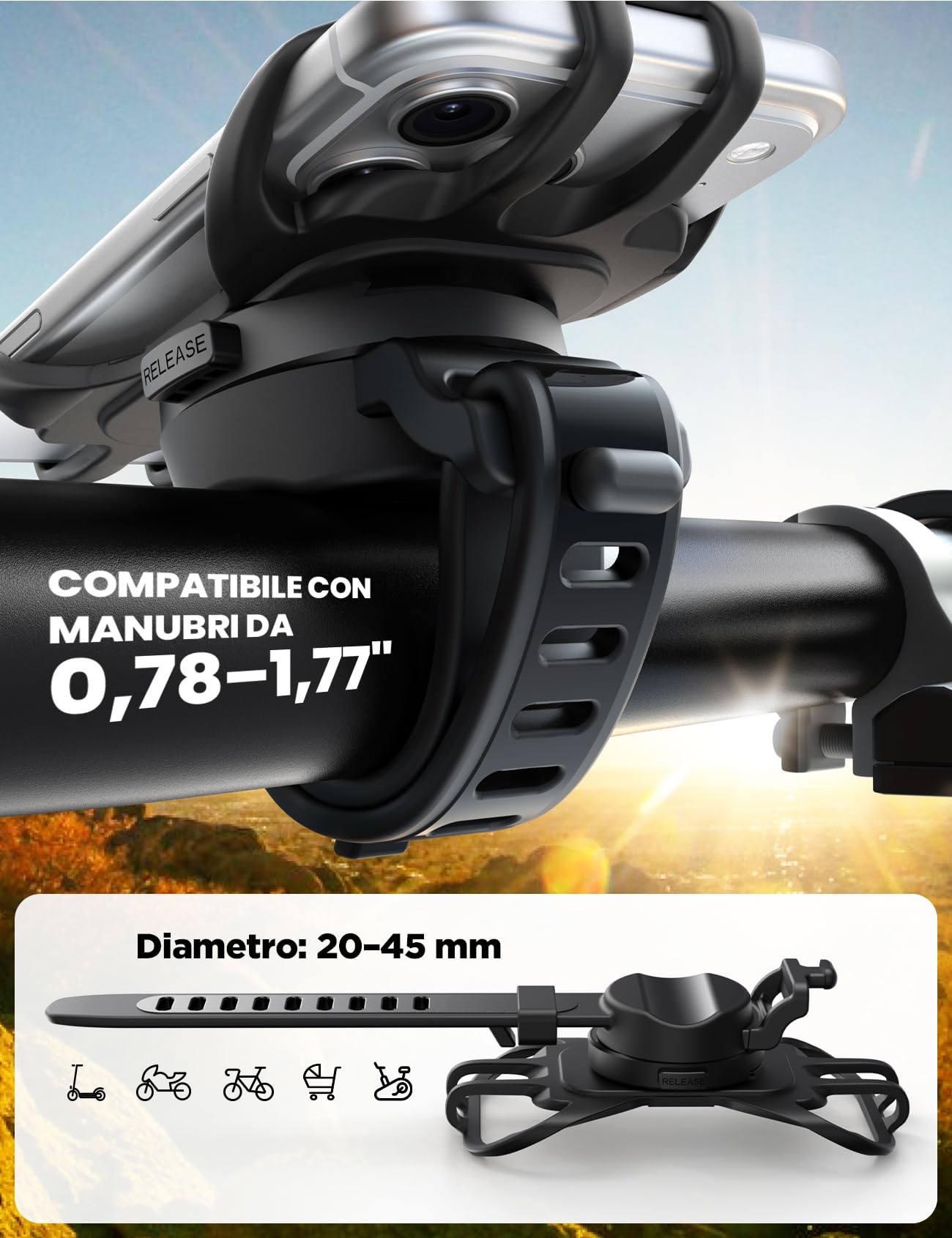 JOYROOM Porta Cellulare Bici [Rimovibile & Silicone Antishock] Supporto Telefono Moto Ruotabile a 360° Portatelefono da Scooter per iPhone 17 16 15 Samsung Smartphone 4,7-7 Pollici