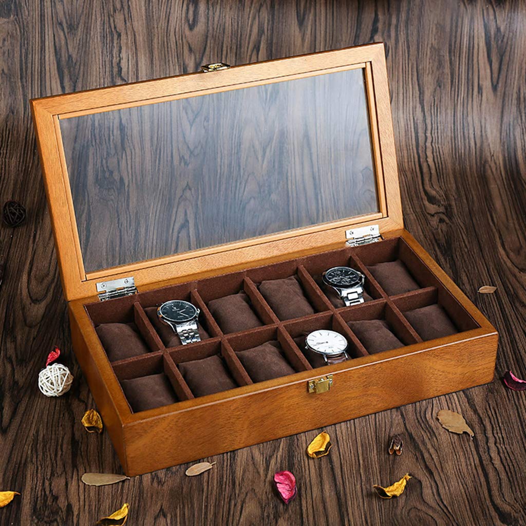 MUSUMI Caja de reloj Caja de almacenamiento de exhibición Caja de colección de joyas Soporte organizador con 12 almohadas de reloj extraíbles Hebilla de Metal con cerradura (Color de Madera)