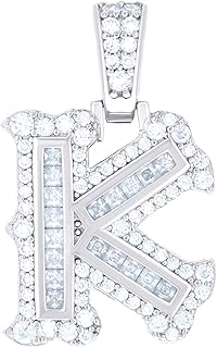 14K White Gold Look 925 Sterling Silver Unisex Baguette Round Moissanite 0.64ct Initial Alphabet K Charm Pendant