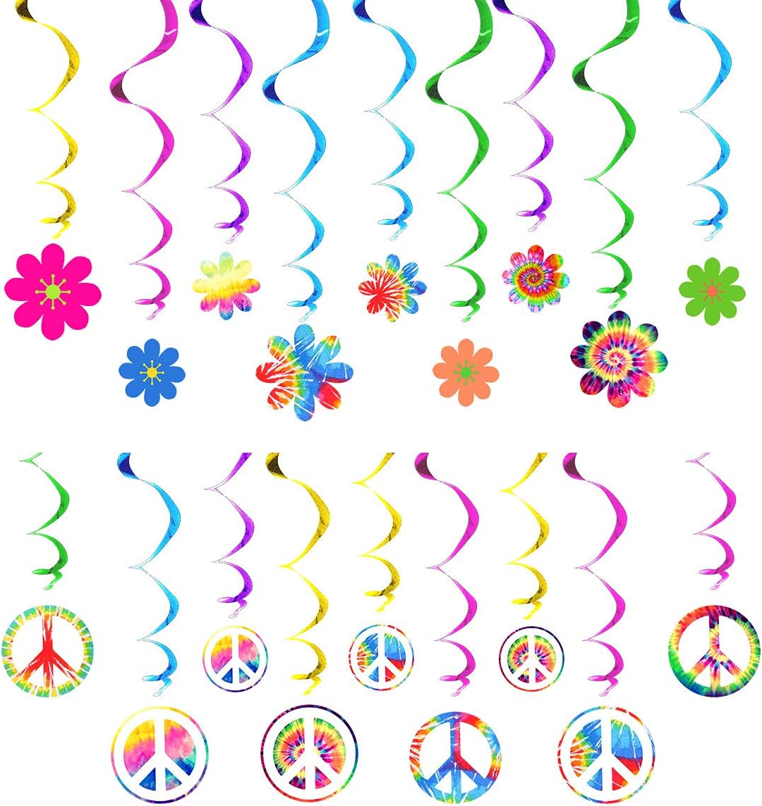 18 Pcs 60's Hippie Theme Party Foil Swirl Decorations 60s Groovy Party Retro Flower Cutouts Peace Sign Hanging Swirls Ceiling Decorations for 60sTheme Party Decorations