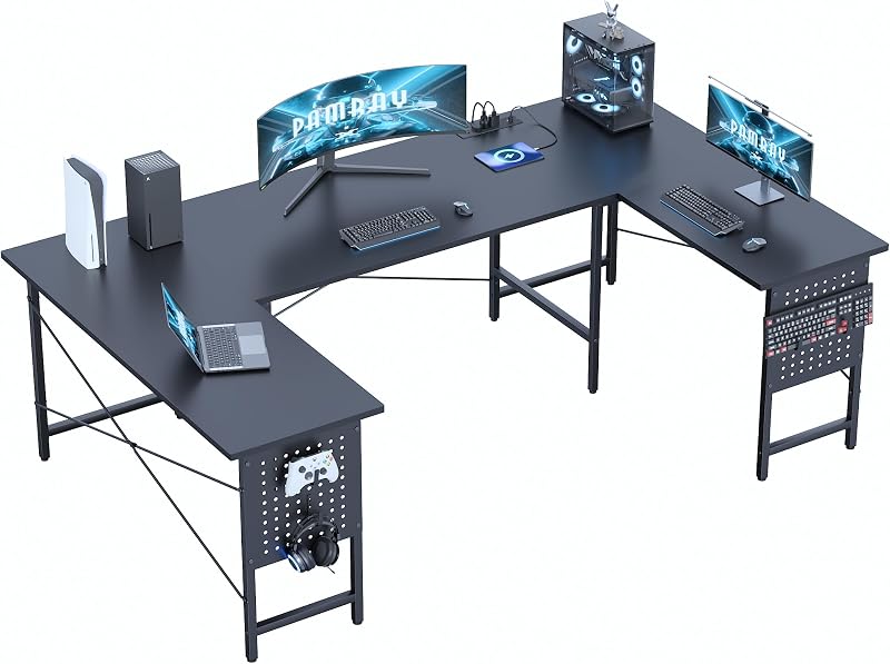 71 Inch Large Gaming Desk with Power Outlets U Shaped Computer Desk | Spacious Workspace with USB Charging Ports & Pegboard & Headphone Hooks Suitable for PC Gaming Office Work Study and Writing