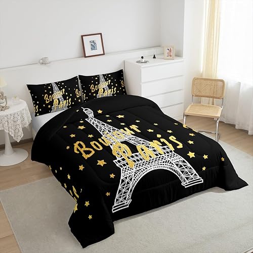 Miniatura 4 de Erosebridal Juego de edredón de la Torre Eiffel, tamaño matrimonial, juego de ropa de cama con estrellas doradas para niños, niñas y adolescentes,