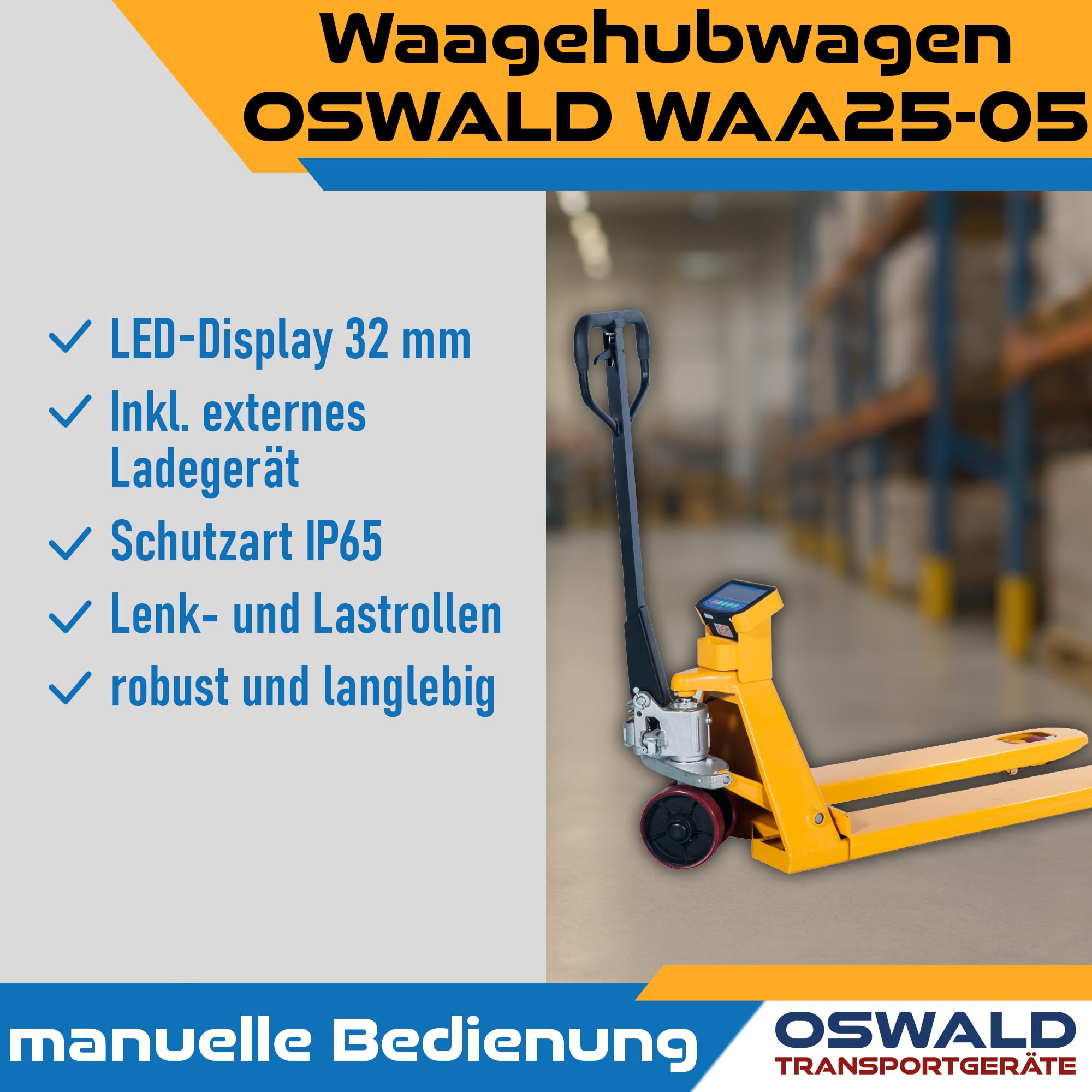 Hubwagen mit Waage 2500 kg - PU-Tandemrollen, 1150 mm Gabellänge, Wiegehubwagen mit Tara-Funktion | Palettenhubwagen mit integrierter Digitalwaage - 0,5 kg Anzeigeschritte, IP65 Schutz