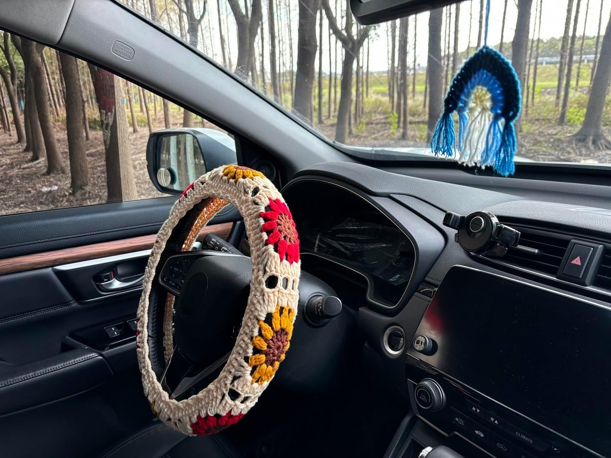 Crochet Sunflower Car Steering Wheel Cover,Flower Seatbelt Cover,Women Car Accessories (A,Wheel Cover+2 Belt Cover+Rainbow)