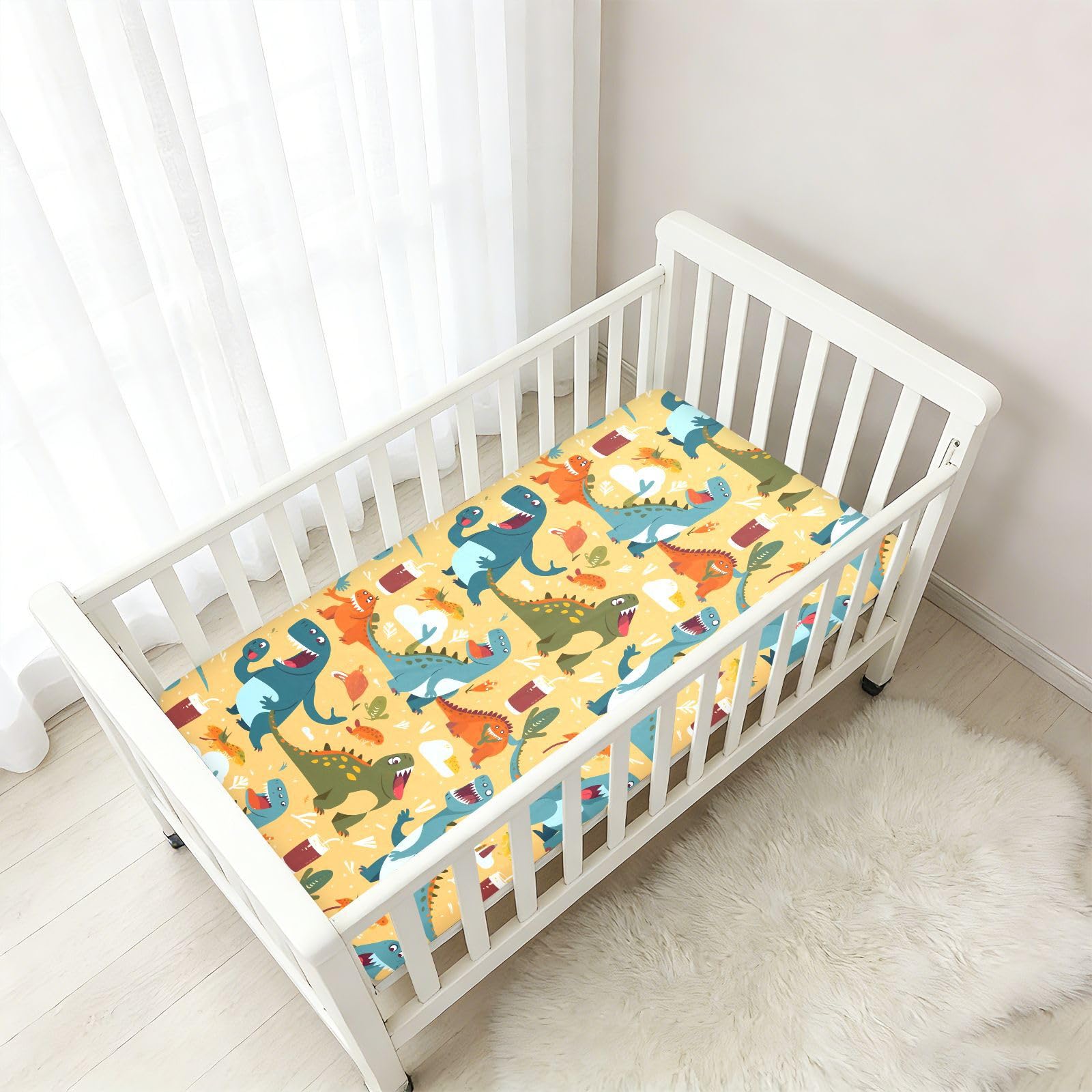 Sing Song Dinosaurier-Babybett-Spiellaken für Jungen und Mädchen, weiches Kleinkind-Spannbetttuch und Mini-Kinderbett-Matratze, 68,6 x 99,1 cm