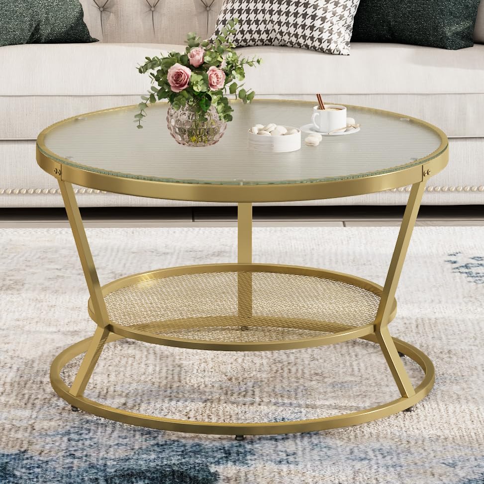 O&K FURNITURERound Gold Coffee Table, 2-Tier Coffee Table for Living Room, Gold Glass Coffee Table with Ring-Shaped Frames, Center Table for Home&Office, Gold Finish