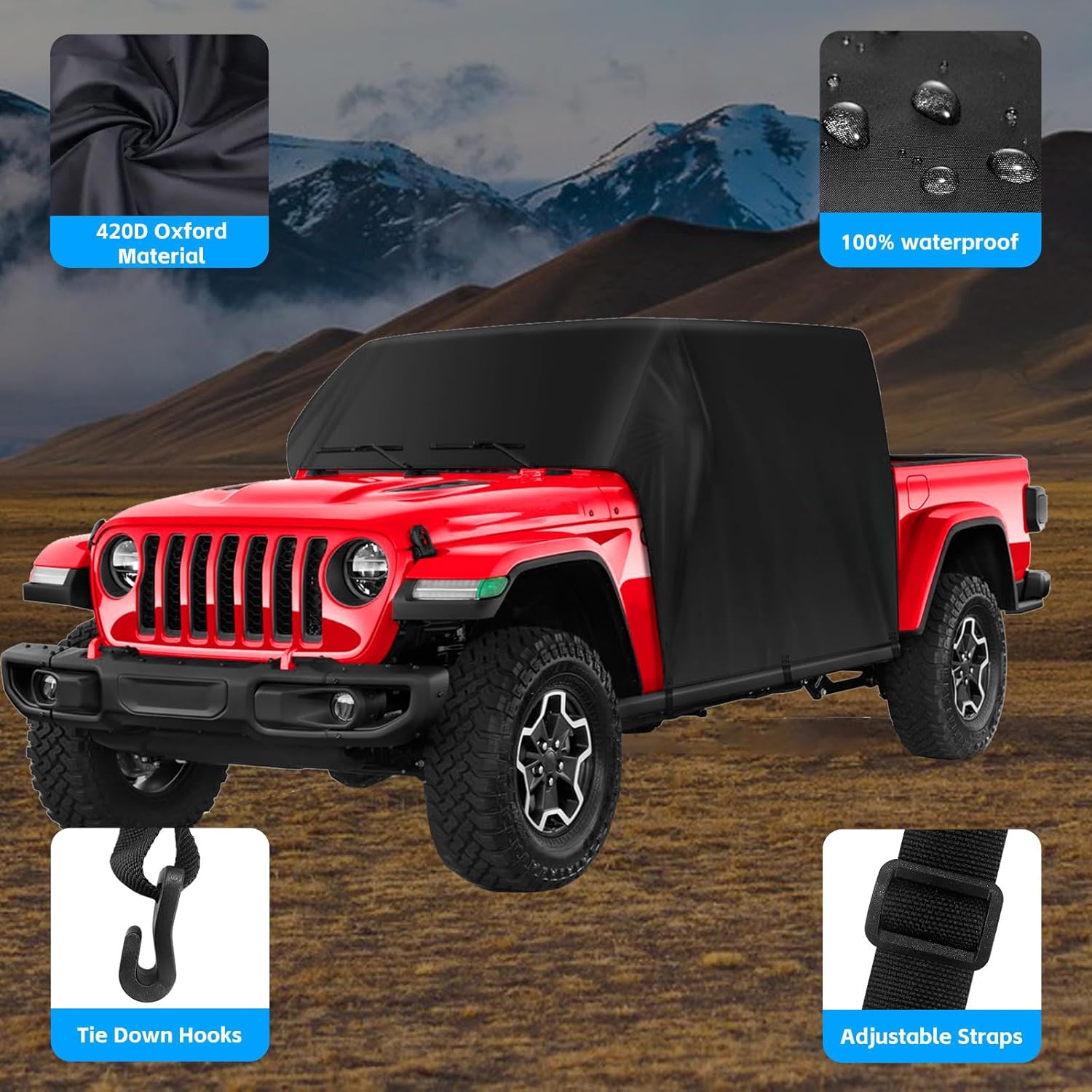 Jeep Gladiator 2020-2023 Cab Covers - Waterproof 4 Door, 420D Upgraded PU2 Resistant Cover Windproof Dustproof Rain Snow All Weather with 6 Gust Hooks
