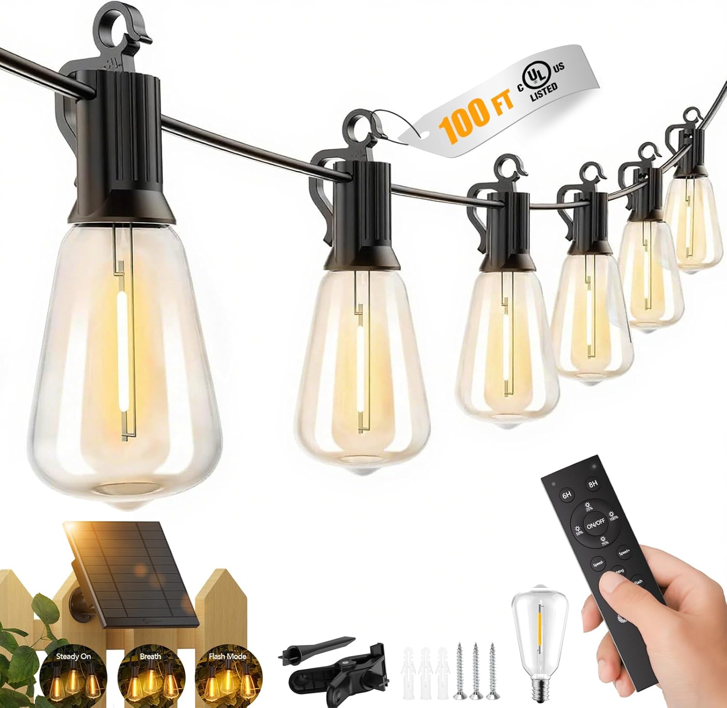 100FT Solar String Lights Outdoor Waterproof with Remote, 31+1 LED Shatterproof Bulbs, Dimmable & Timable, 3 Light Modes - Commercial Grade Patio Lights for Garden Backyard Party Decor