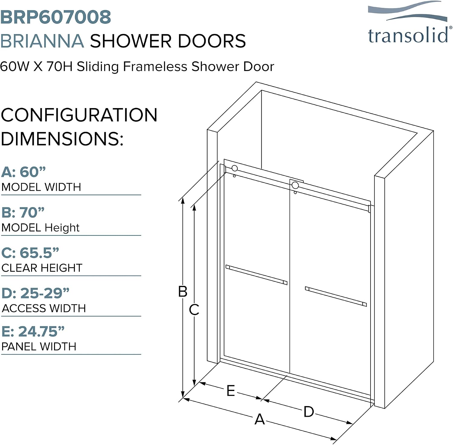 Transolid Brianna Frameless Bypass Sliding Shower Door, 60 in. W x 70 in. H, 5/16 in. Frost Tempered Glass, 304 Stainless Steel Hardware, Matte Black, Fits 56-60 in. Openings, BRP607008F-R-MB