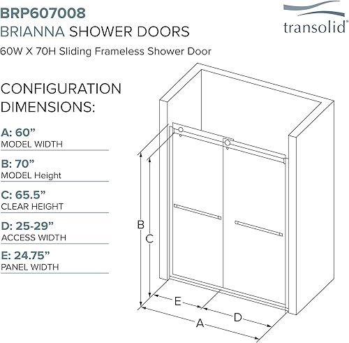 Miniatura 5 de Transolid BRP607008F-J-MB Brianna - Puerta de ducha sin marco de 60 pulgadas de ancho x 70 pulgadas de alto, acabado negro mate con vidrio