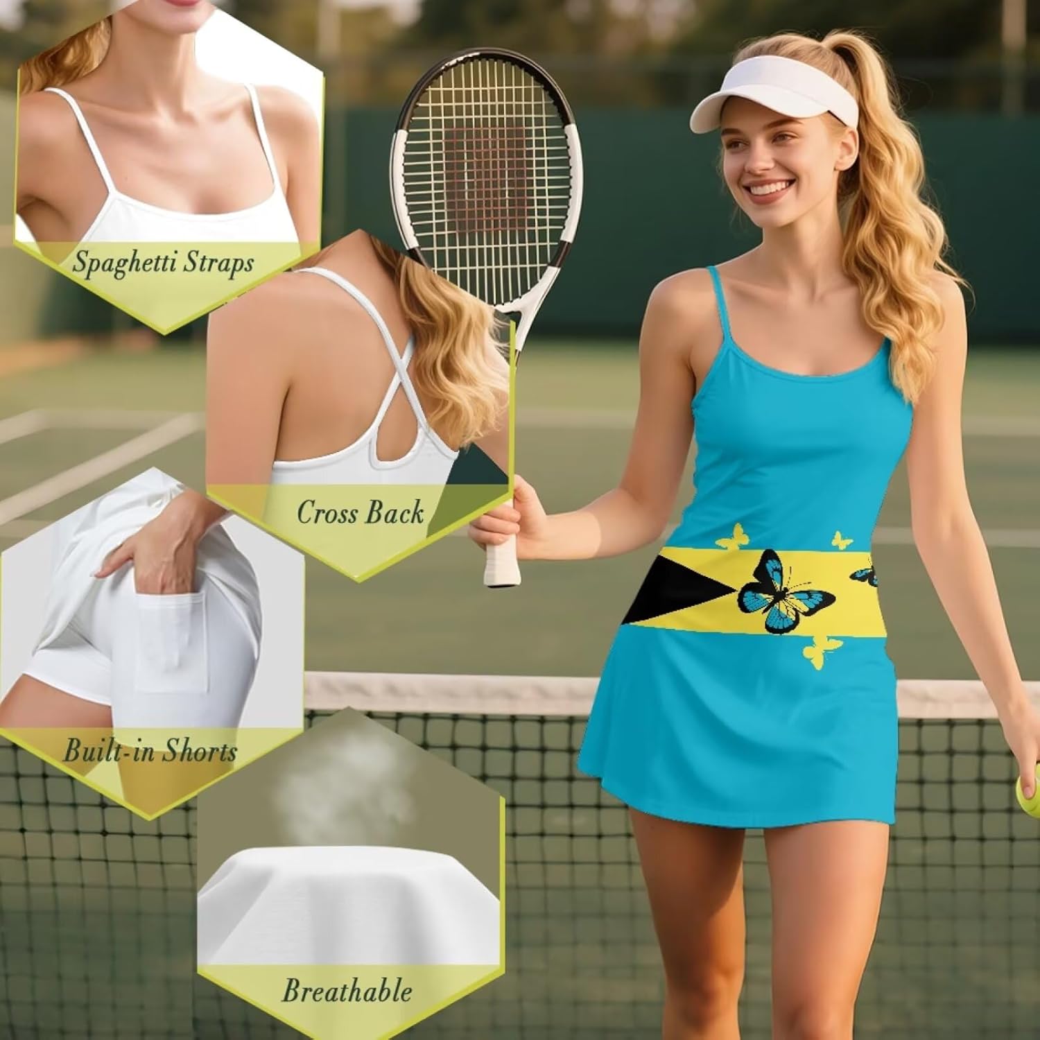 Womens Tennis Dress with Shorts Pockets Lightweight Athletic Dress Active Golf Dresses Spaghetti Strap Outfits