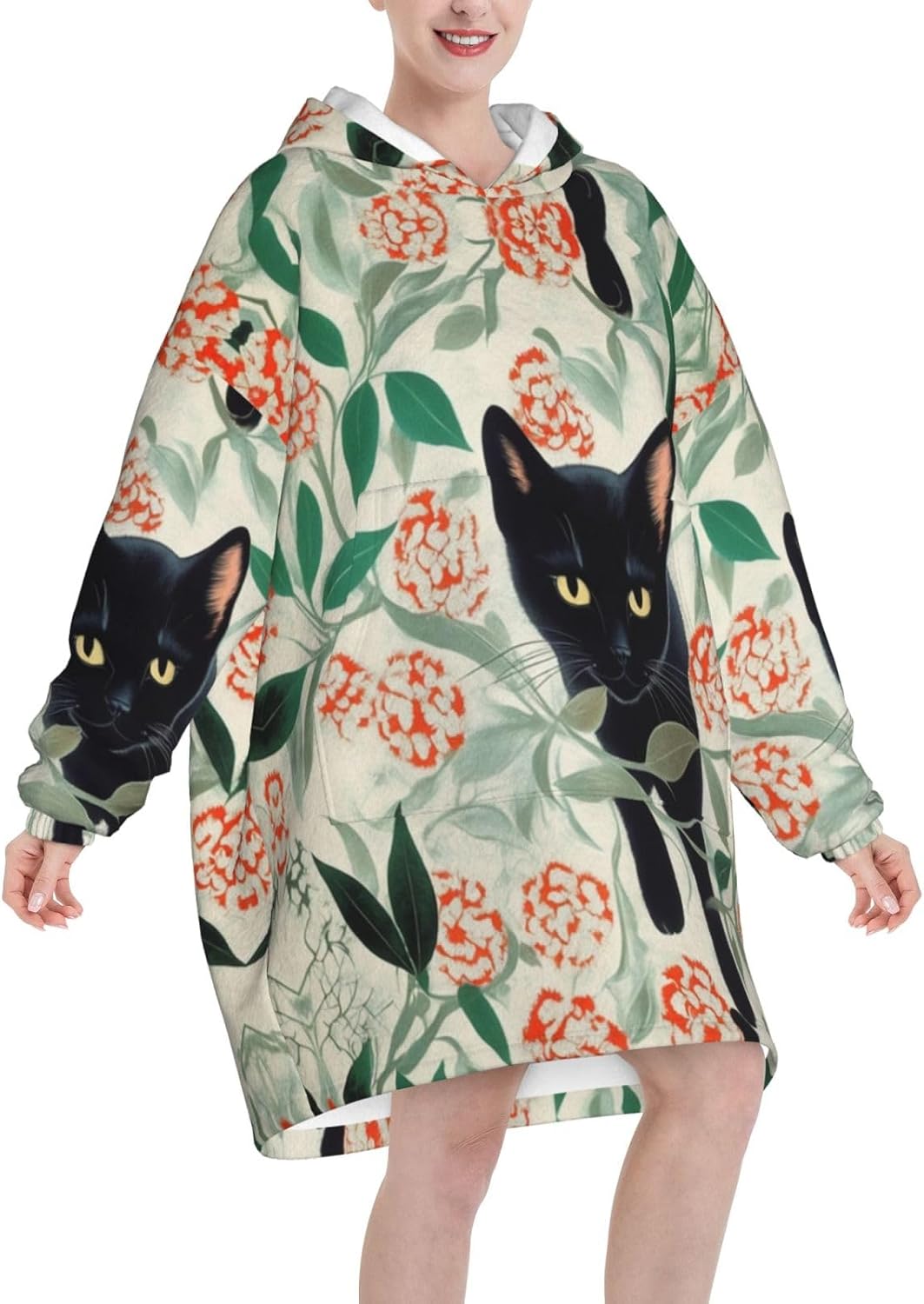 Cartoon Cat Print Cozy Oversized Blanket Hoodie Soft And Warm Wearable For Winter And Christmas