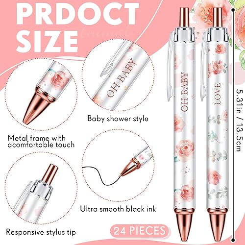 Miniatura 2 de Chuangdi 24 Piezas Bolígrafos Florales para Baby Shower Favores a Granel Bolígrafos Retráctiles Tinta Negra con Regalos para Invitados Suministros