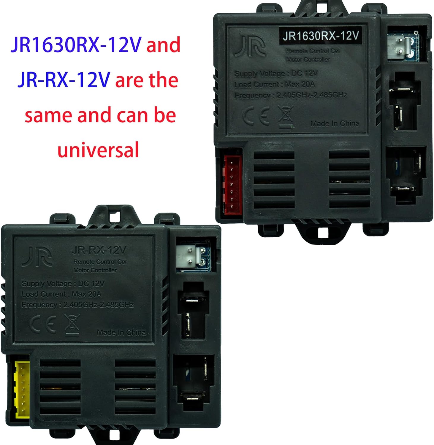 Comparison image showing both JR1630RX-12V and JR-RX-12V models, indicating they are universal.