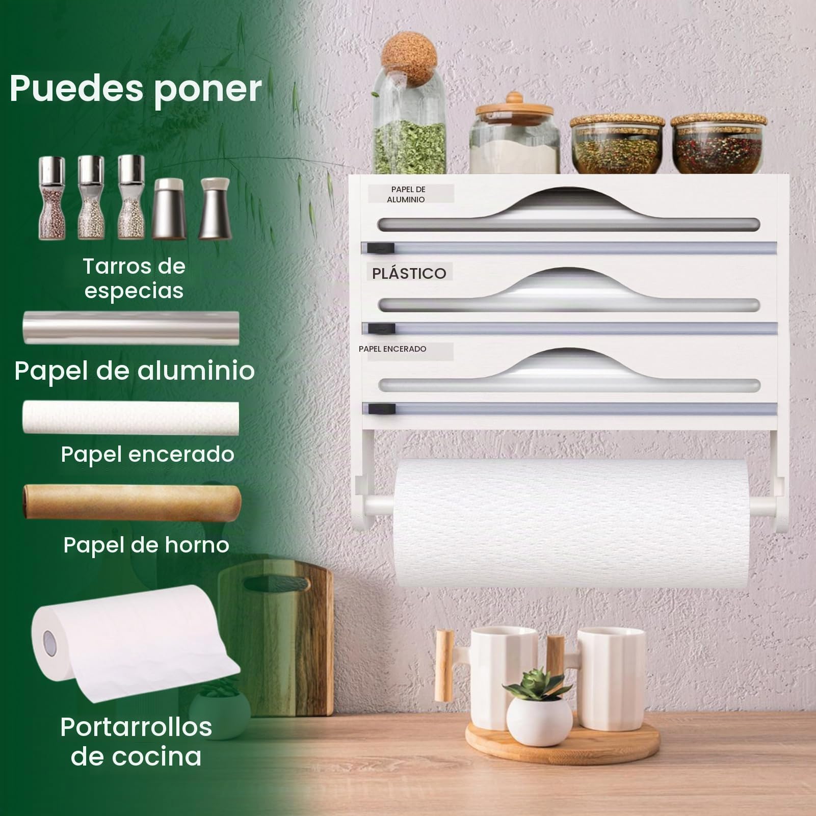 Dispensador Papel Aluminio y Film con Portarrollos Papel Cocina y Estante para Especias, Porta Rollos de Papel Cocina de Bambú, Organizador Papel Aluminio y Film de 30cm de Largo